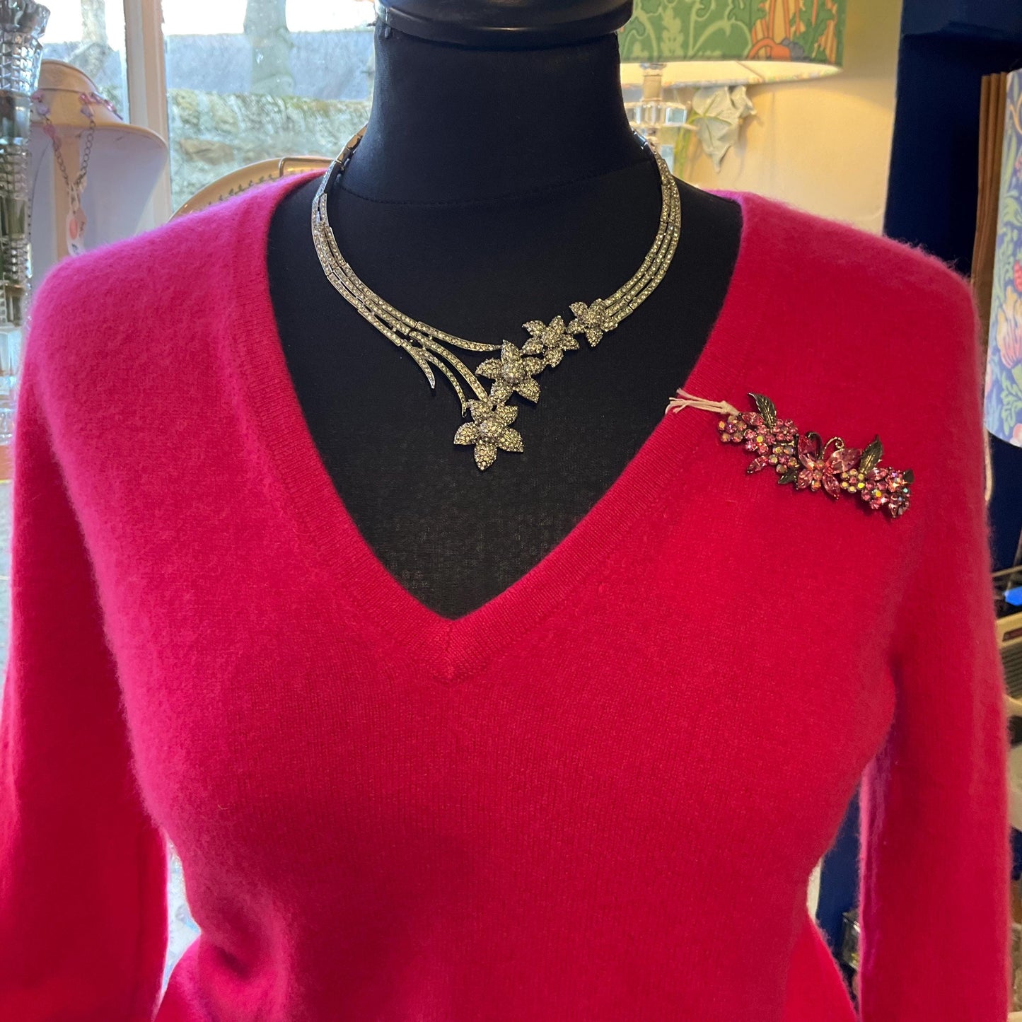 Vintage Butler and Wilson Statement Crystal Floral Collar Necklace, Silver tone with rhinestone crystals