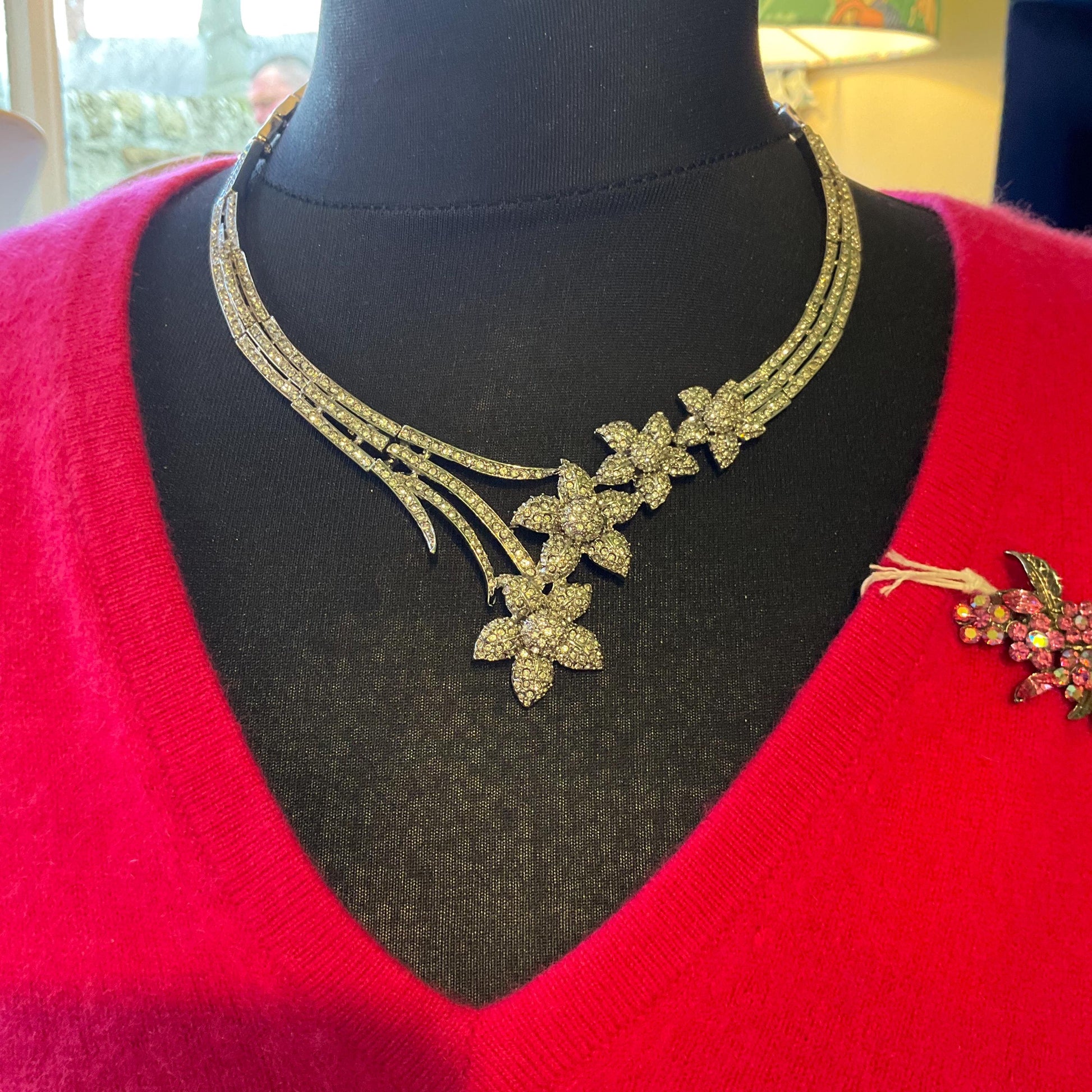 Vintage Butler and Wilson Statement Crystal Floral Collar Necklace, Silver tone with rhinestone crystals