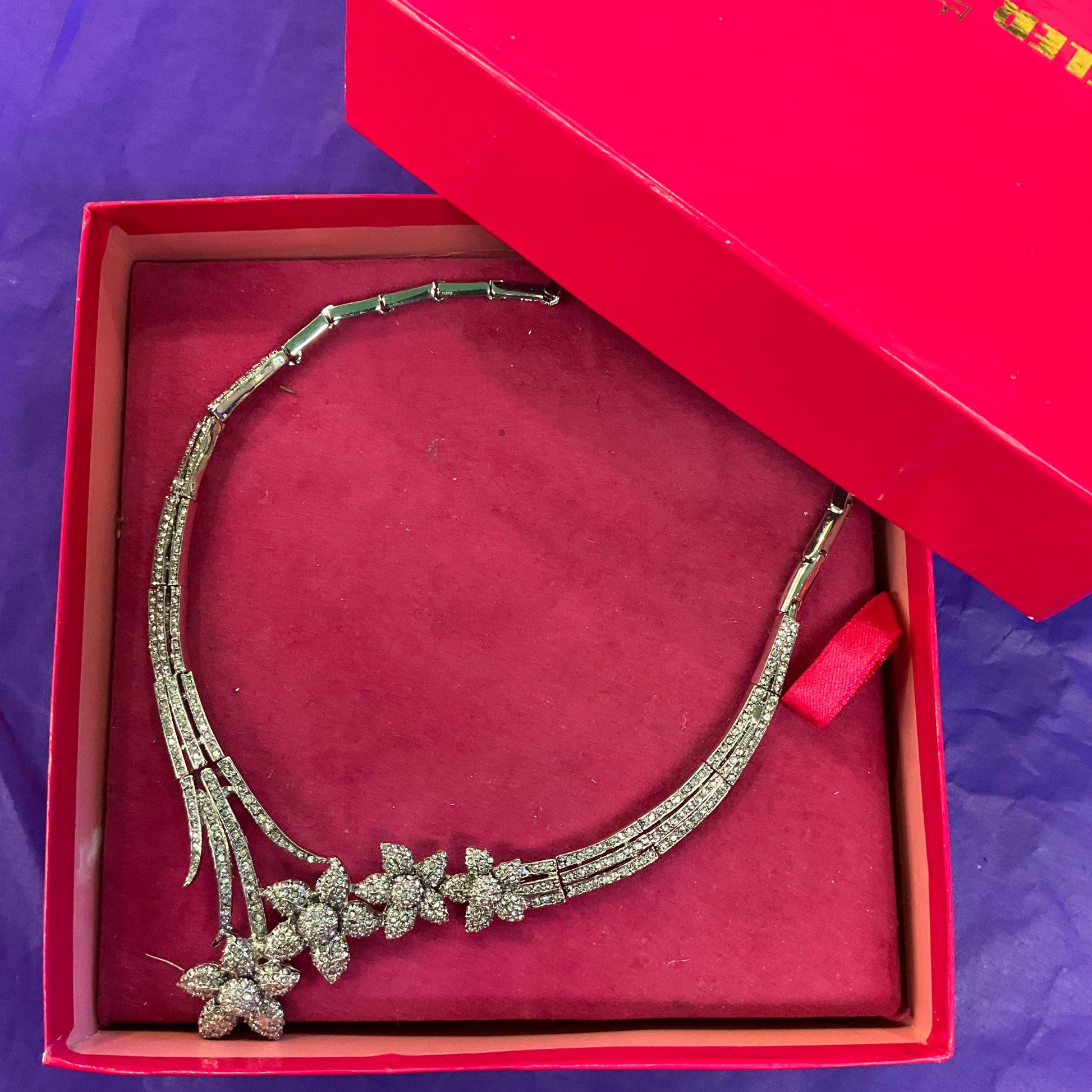 Vintage Butler and Wilson Statement Crystal Floral Collar Necklace, Silver tone with rhinestone crystals