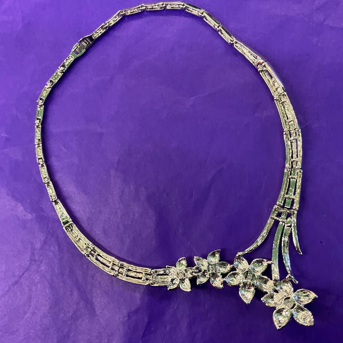 Vintage Butler and Wilson Statement Crystal Floral Collar Necklace, Silver tone with rhinestone crystals
