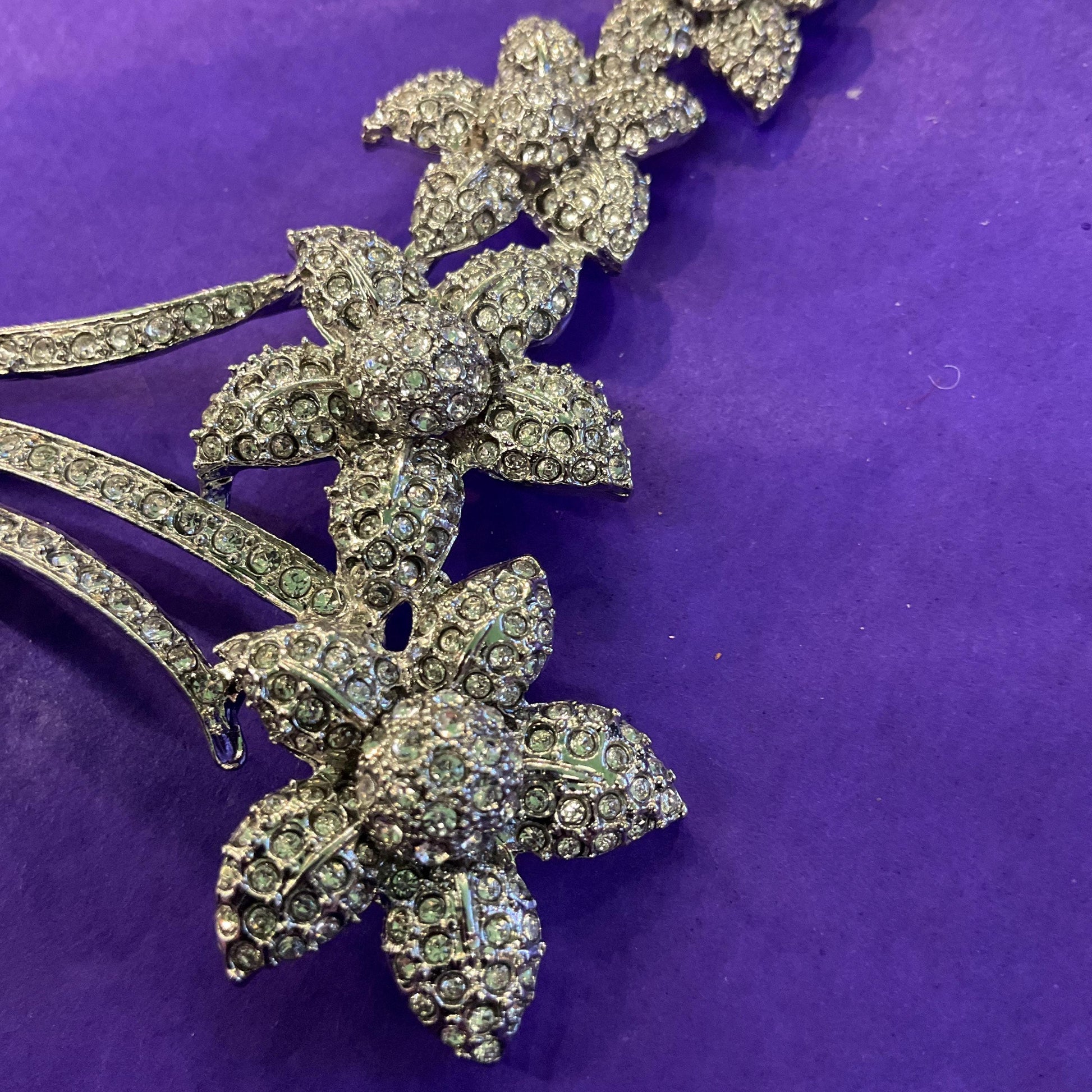 Vintage Butler and Wilson Statement Crystal Floral Collar Necklace, Silver tone with rhinestone crystals