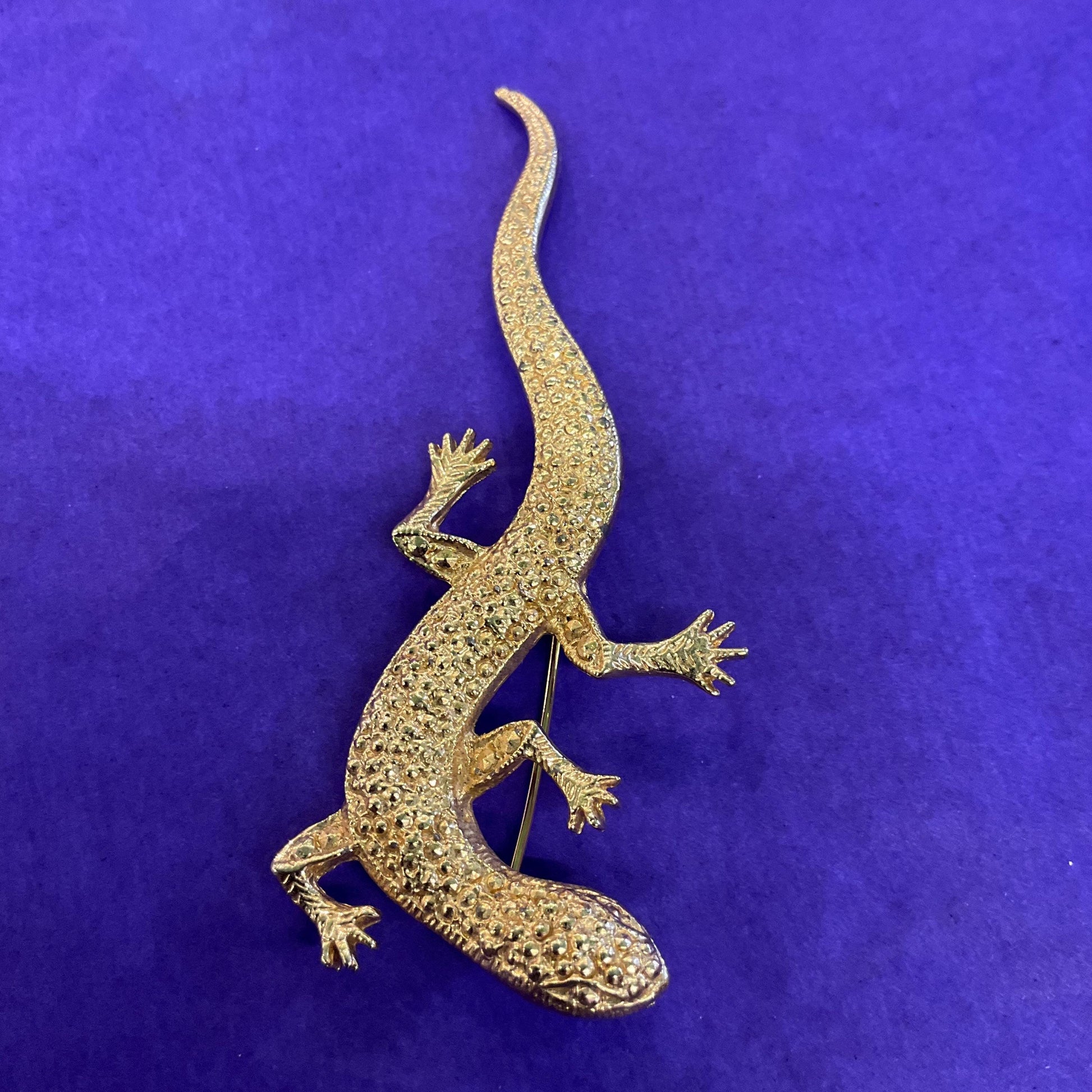 Vintage Trio of Gecko Brooches , Gold Tone with Silver Crystals and Black Enamel, Brooch Cluster