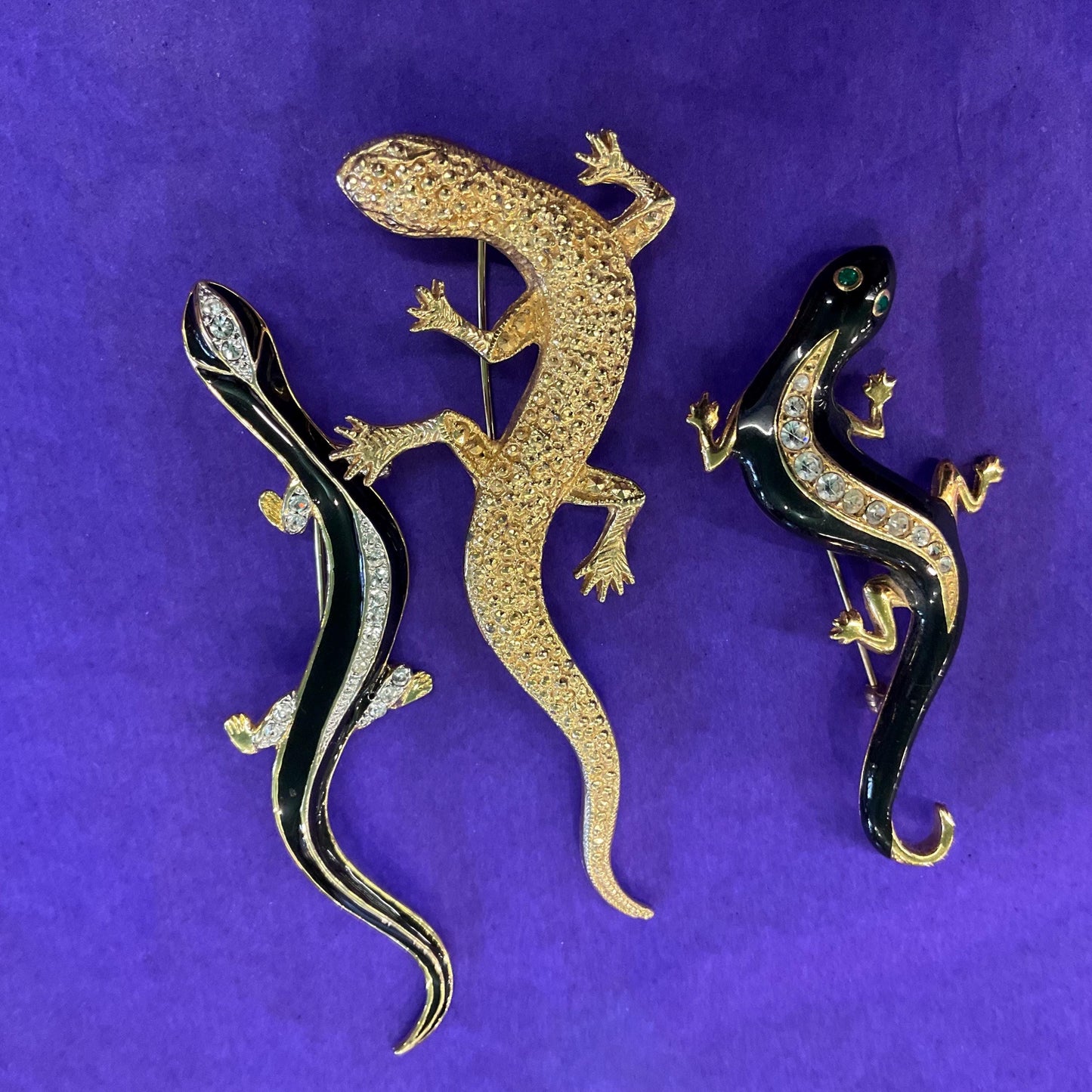 Vintage Trio of Gecko Brooches , Gold Tone with Silver Crystals and Black Enamel, Brooch Cluster