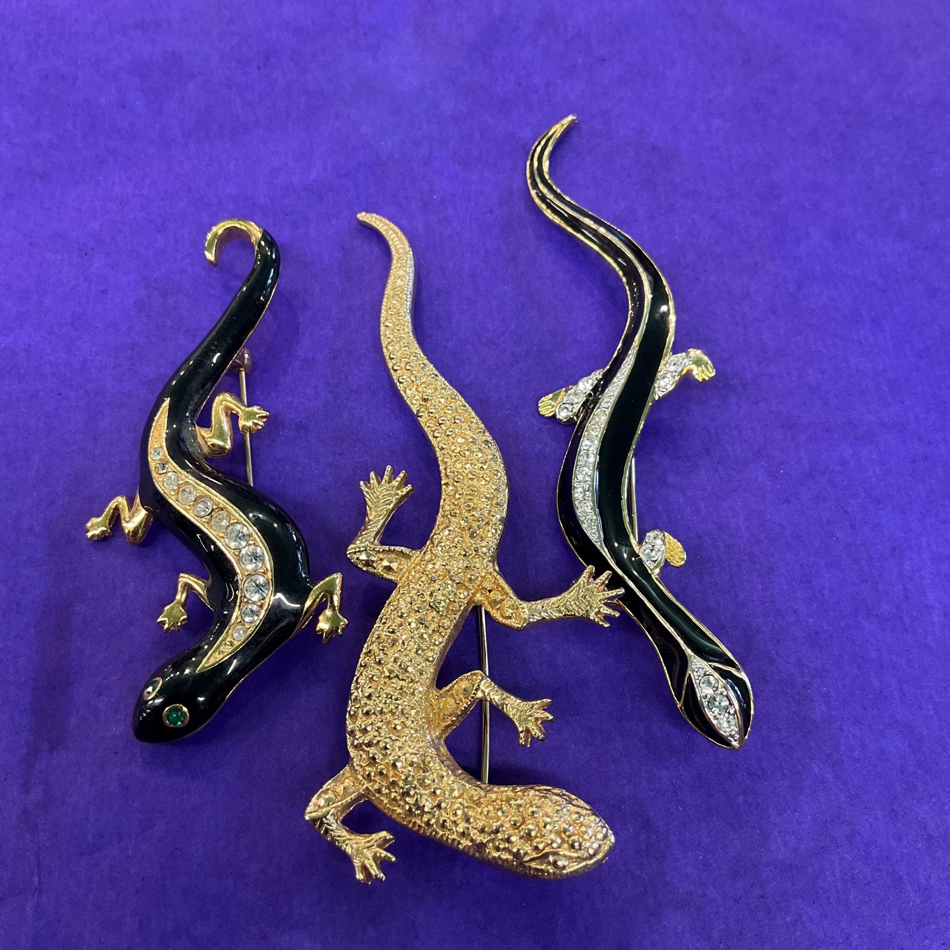 Vintage Trio of Gecko Brooches , Gold Tone with Silver Crystals and Black Enamel, Brooch Cluster