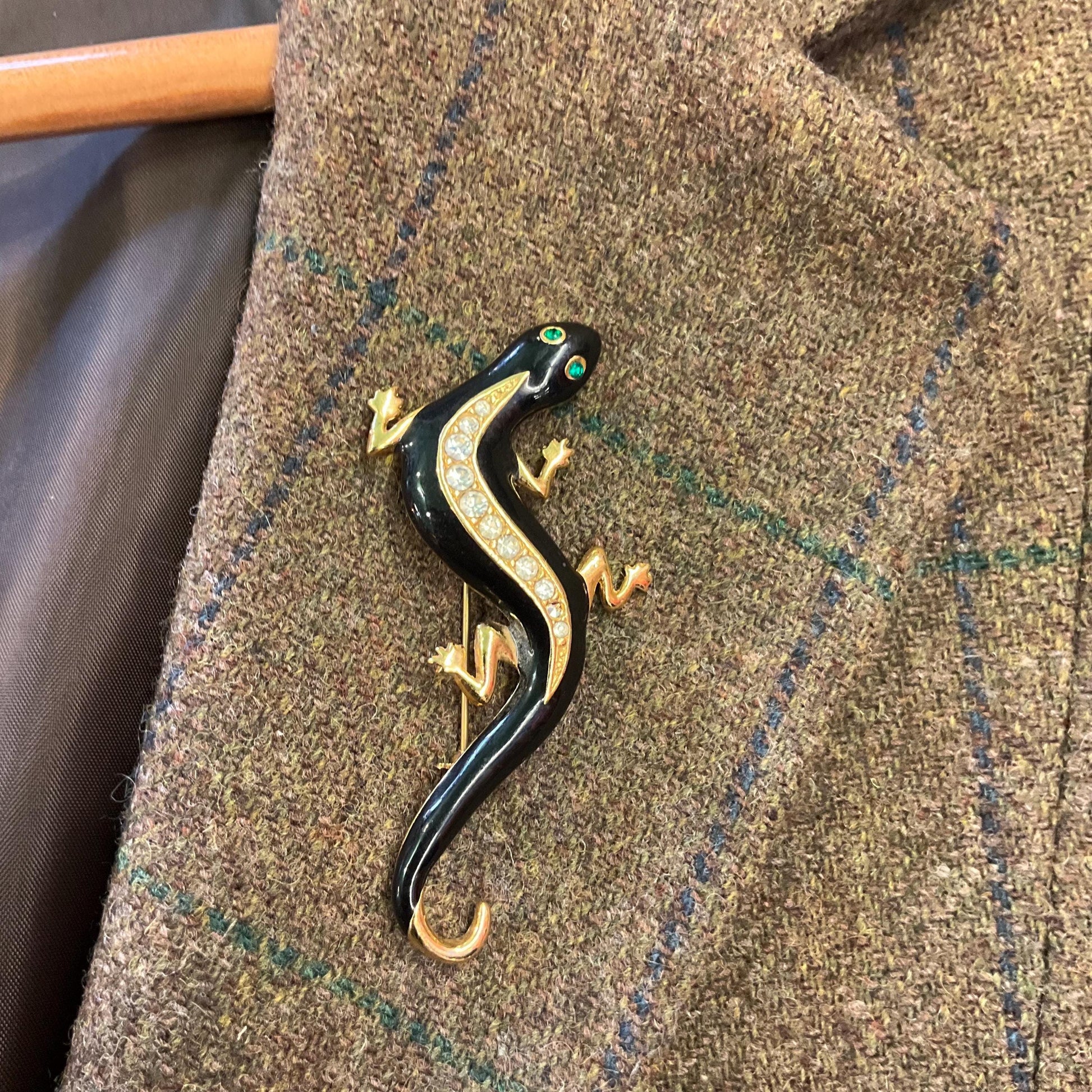 Vintage Trio of Gecko Brooches , Gold Tone with Silver Crystals and Black Enamel, Brooch Cluster