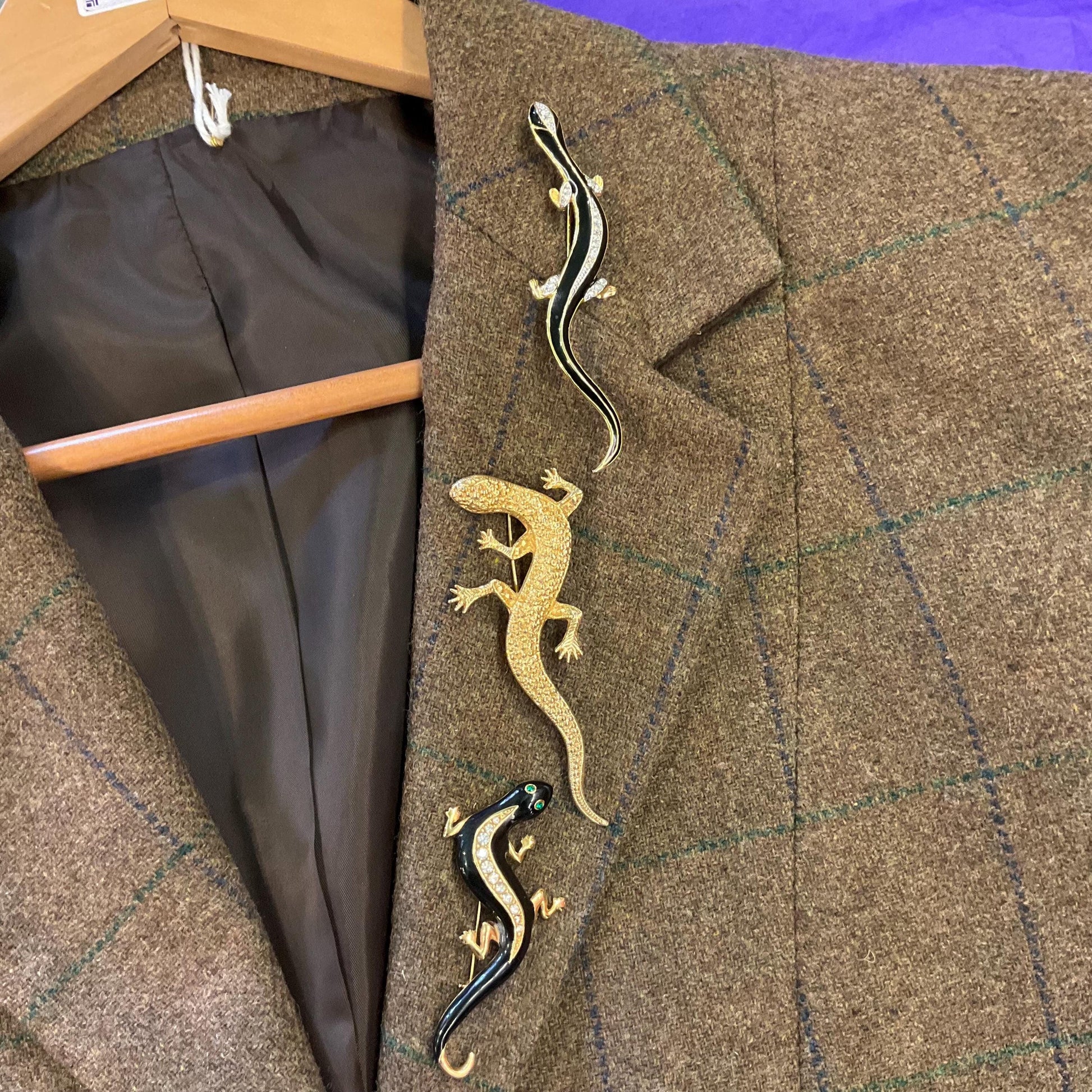 Vintage Trio of Gecko Brooches , Gold Tone with Silver Crystals and Black Enamel, Brooch Cluster