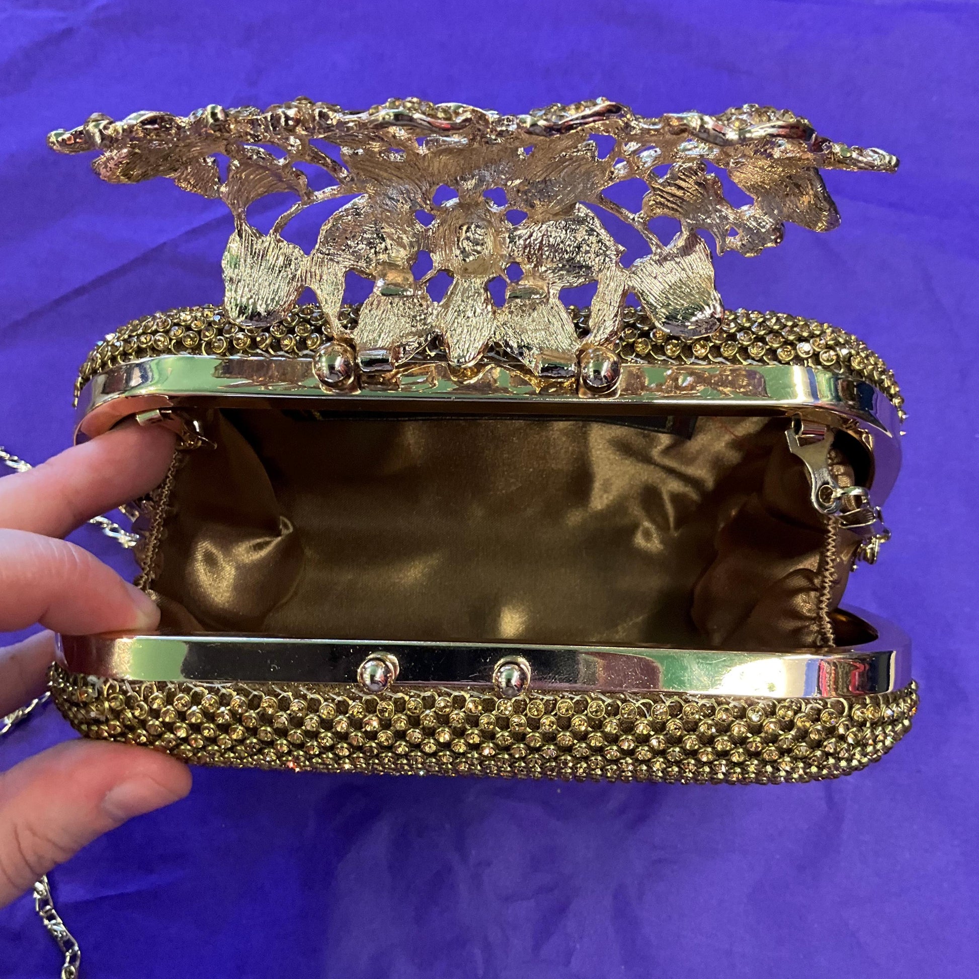 Vintage SHEHERAZAD Gold Crustal Clutch or Shoulder Bag with Ornate Floral Rollover catch