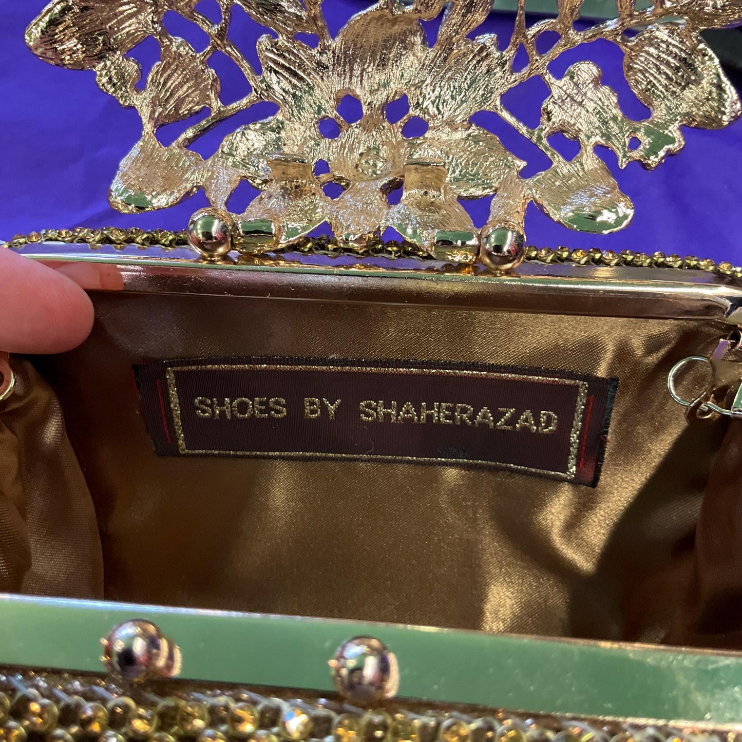 Vintage SHEHERAZAD Gold Crustal Clutch or Shoulder Bag with Ornate Floral Rollover catch