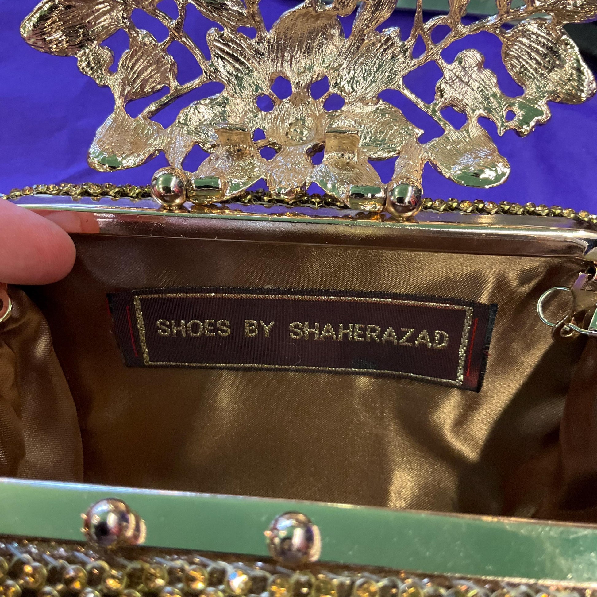 Vintage SHEHERAZAD Gold Crustal Clutch or Shoulder Bag with Ornate Floral Rollover catch