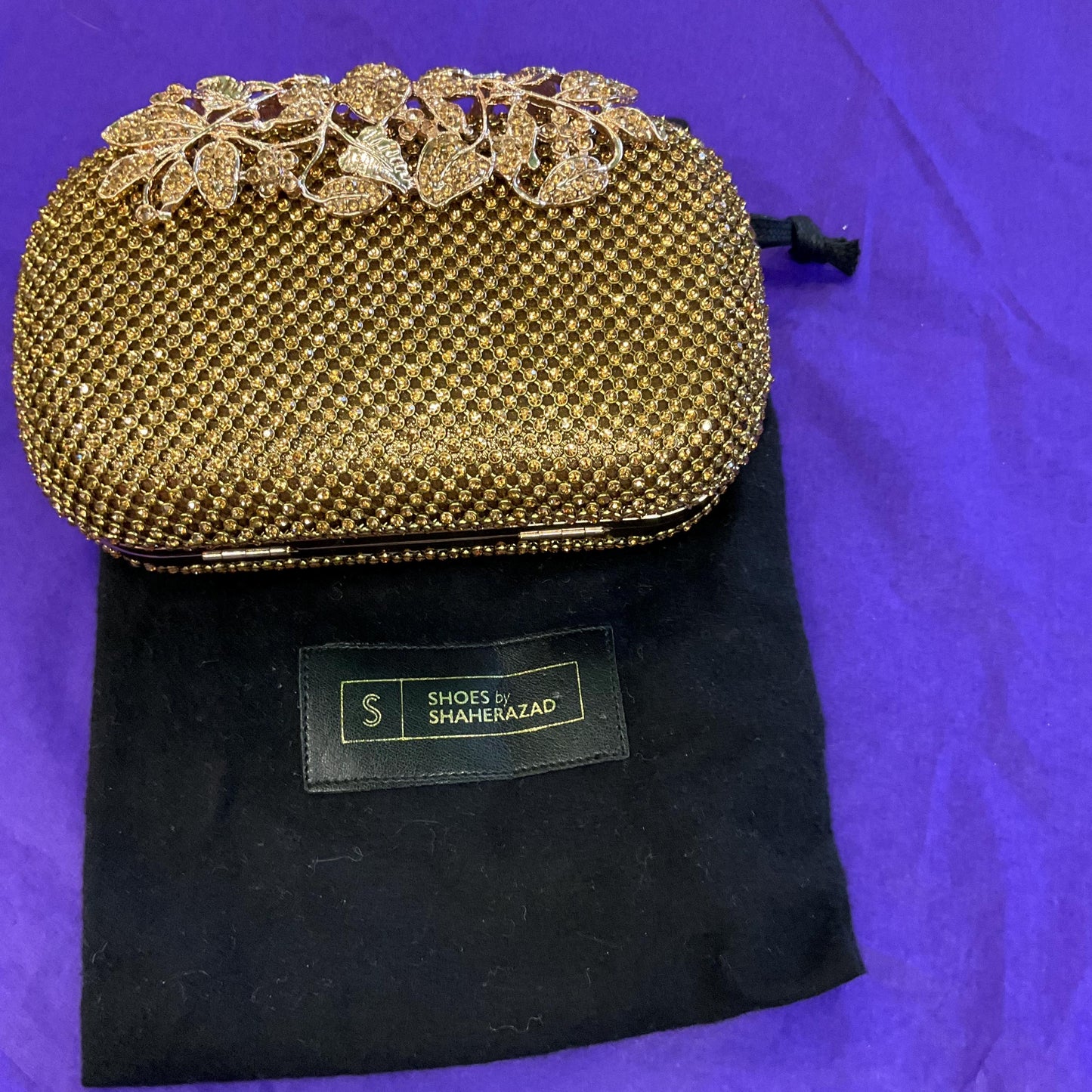 Vintage SHEHERAZAD Gold Crustal Clutch or Shoulder Bag with Ornate Floral Rollover catch