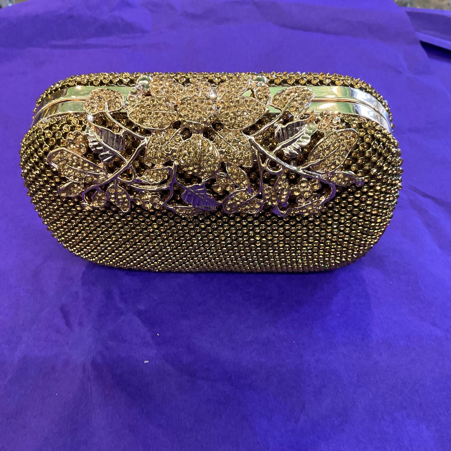 Vintage SHEHERAZAD Gold Crustal Clutch or Shoulder Bag with Ornate Floral Rollover catch