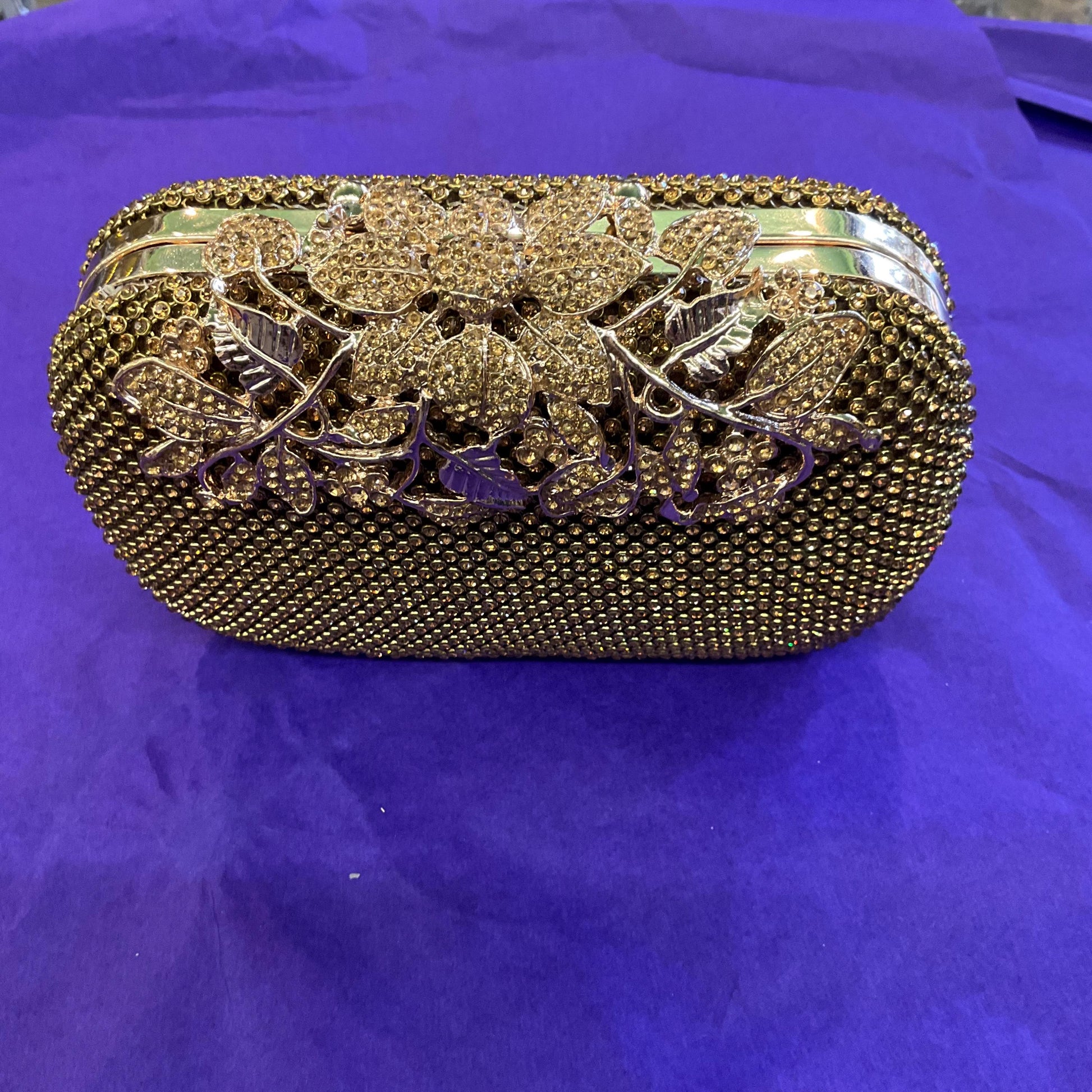 Vintage SHEHERAZAD Gold Crustal Clutch or Shoulder Bag with Ornate Floral Rollover catch