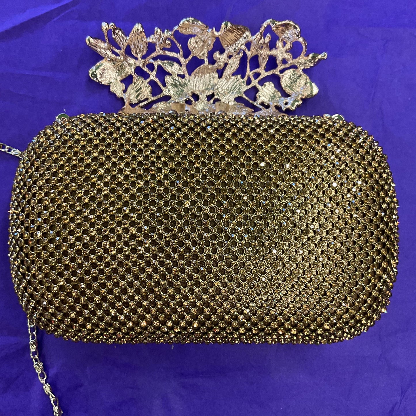 Vintage SHEHERAZAD Gold Crustal Clutch or Shoulder Bag with Ornate Floral Rollover catch