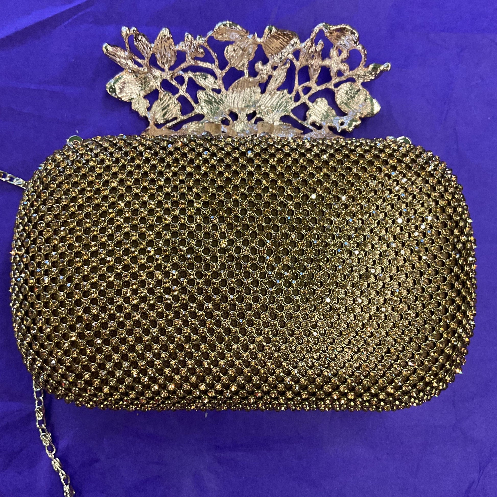 Vintage SHEHERAZAD Gold Crustal Clutch or Shoulder Bag with Ornate Floral Rollover catch