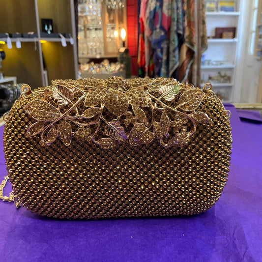 Vintage SHEHERAZAD Gold Crustal Clutch or Shoulder Bag with Ornate Floral Rollover catch