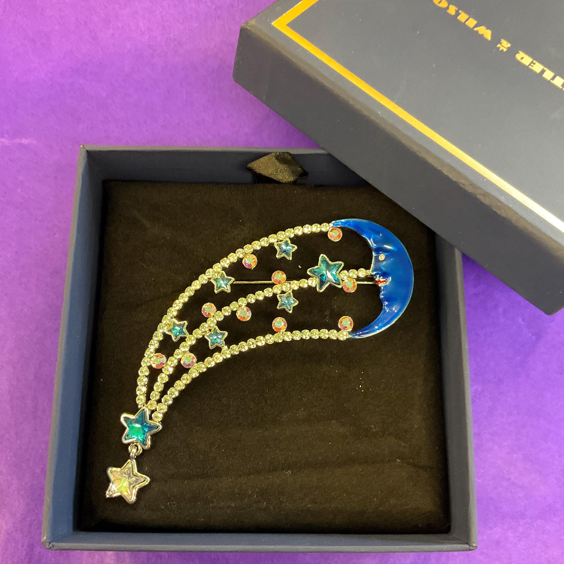 Vintage Butler and Wilson Blue and Silver Statement Moon and Stars Crystal Brooch, Blue Enamel, Turquoise Stars and Borealis rhinestones
