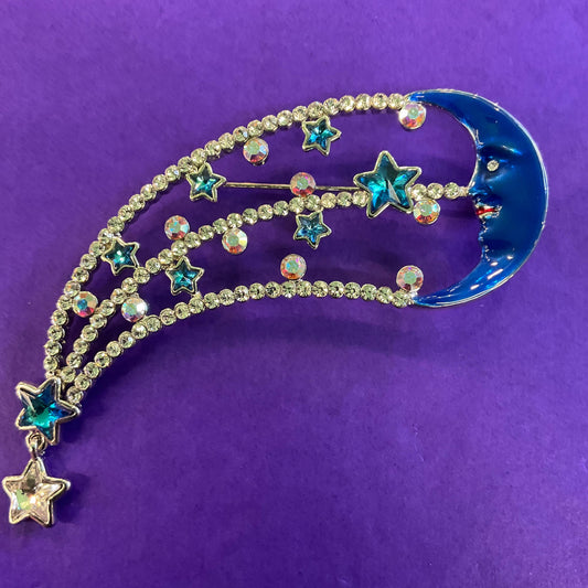 Vintage Butler and Wilson Blue and Silver Statement Moon and Stars Crystal Brooch, Blue Enamel, Turquoise Stars and Borealis rhinestones