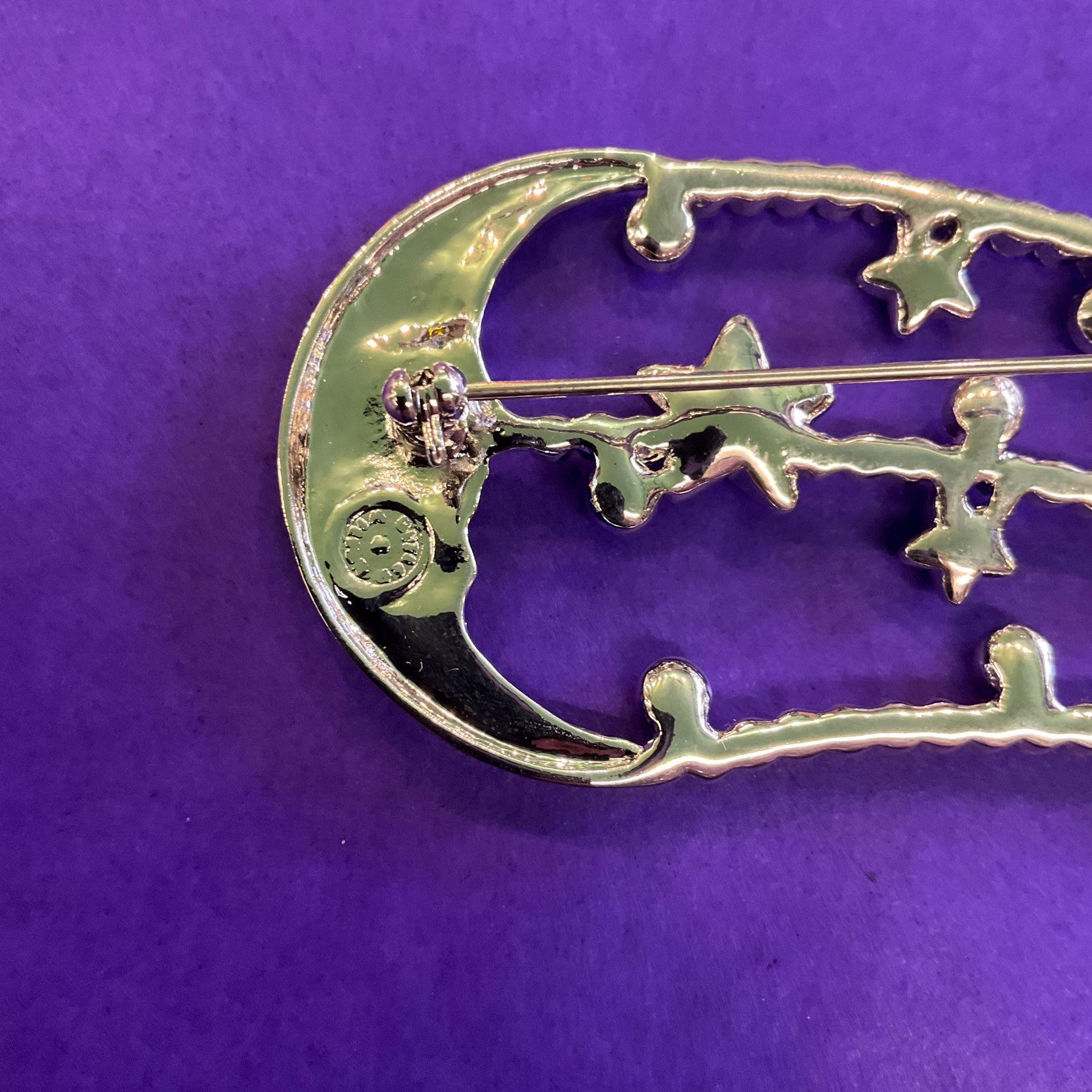 Vintage Butler and Wilson Blue and Silver Statement Moon and Stars Crystal Brooch, Blue Enamel, Turquoise Stars and Borealis rhinestones
