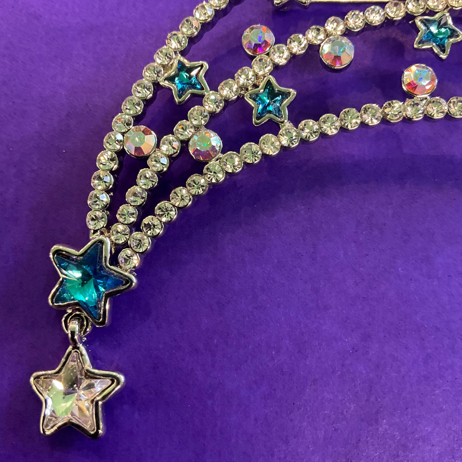 Vintage Butler and Wilson Blue and Silver Statement Moon and Stars Crystal Brooch, Blue Enamel, Turquoise Stars and Borealis rhinestones