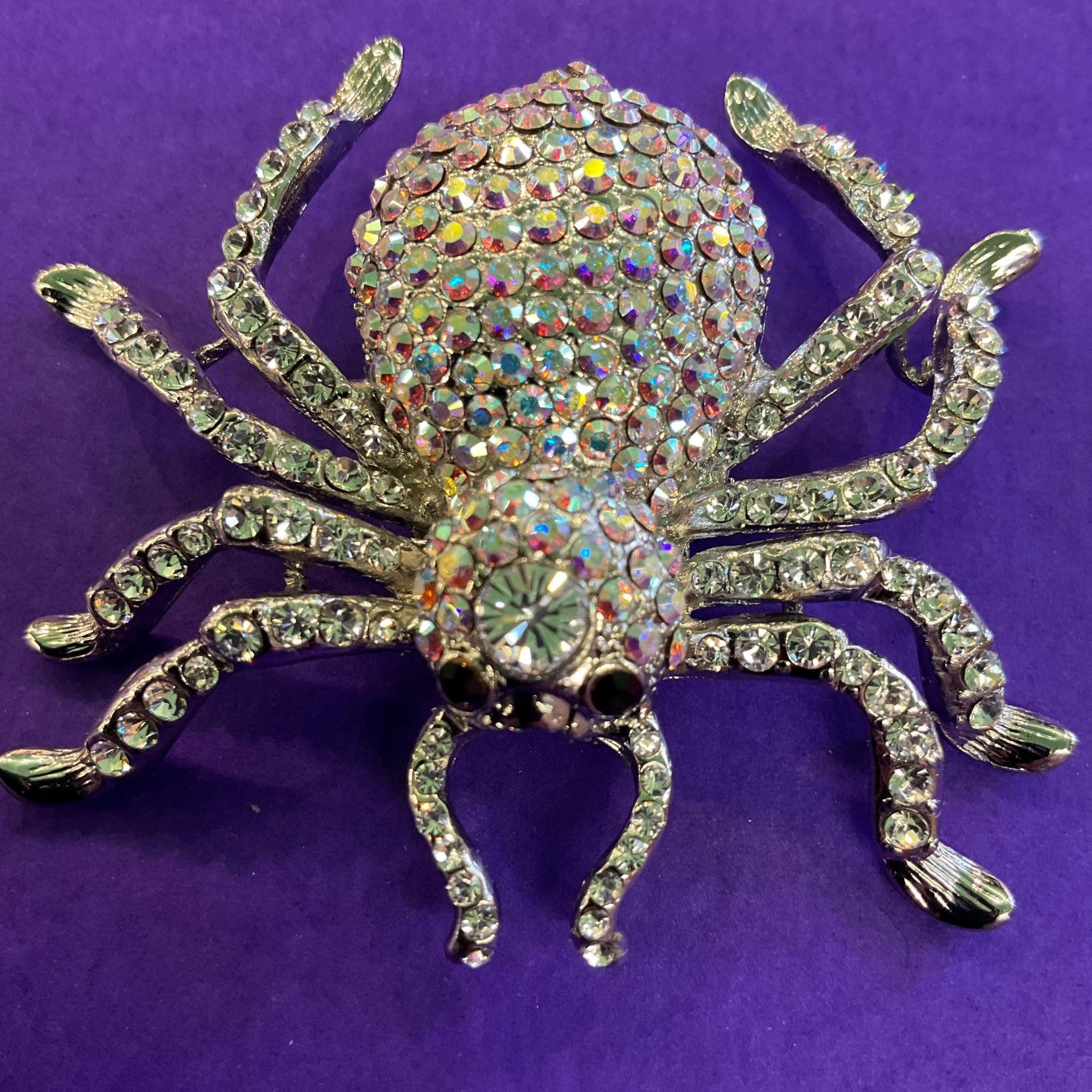 Vintage Butler and Wilson Large Crystal Spider Brooch, Silver tone with silver and Aurora Borealis Rhinestones