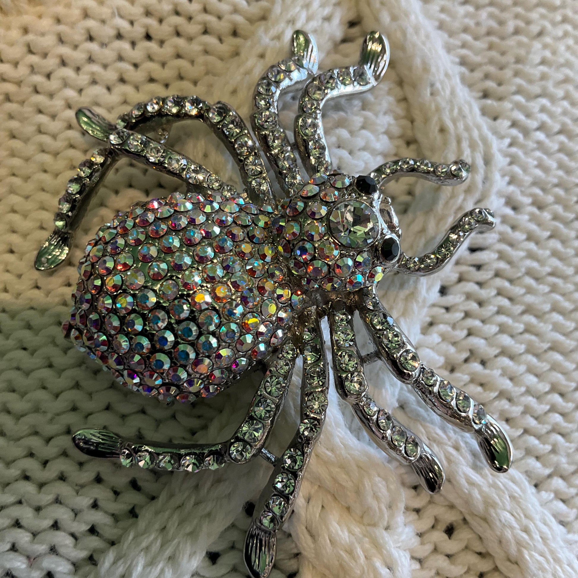 Vintage Butler and Wilson Large Crystal Spider Brooch, Silver tone with silver and Aurora Borealis Rhinestones