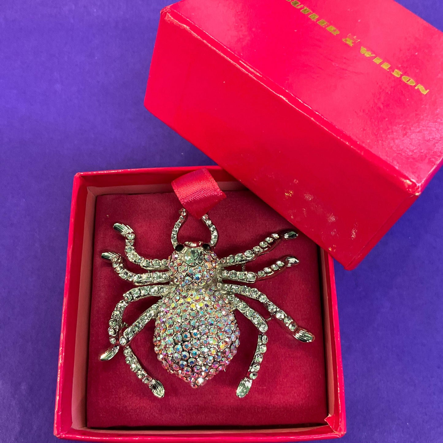 Vintage Butler and Wilson Large Crystal Spider Brooch, Silver tone with silver and Aurora Borealis Rhinestones