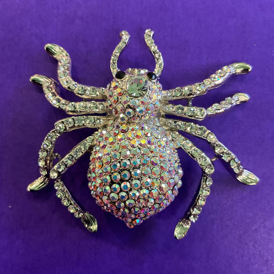 Vintage Butler and Wilson Large Crystal Spider Brooch, Silver tone with silver and Aurora Borealis Rhinestones