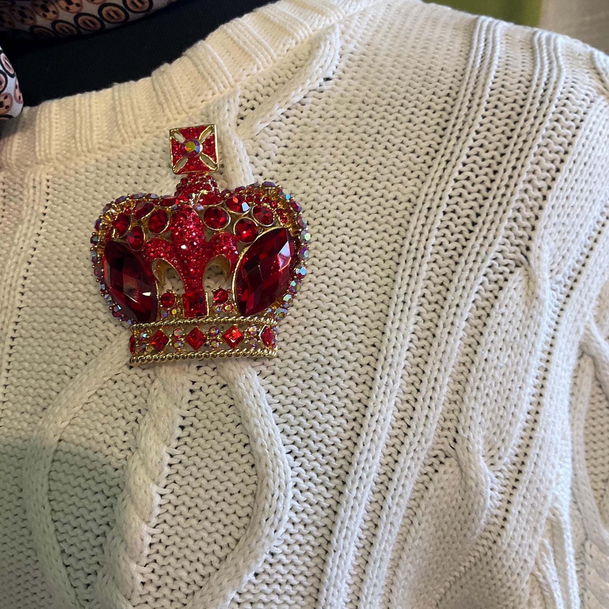 Vintage Butler and Wilson Regal Red Crystal Crown Statement Brooch, Gold tone with red crystals and Borealis rhinestones
