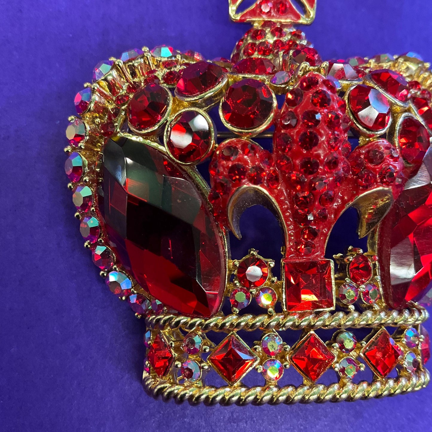 Vintage Butler and Wilson Regal Red Crystal Crown Statement Brooch, Gold tone with red crystals and Borealis rhinestones