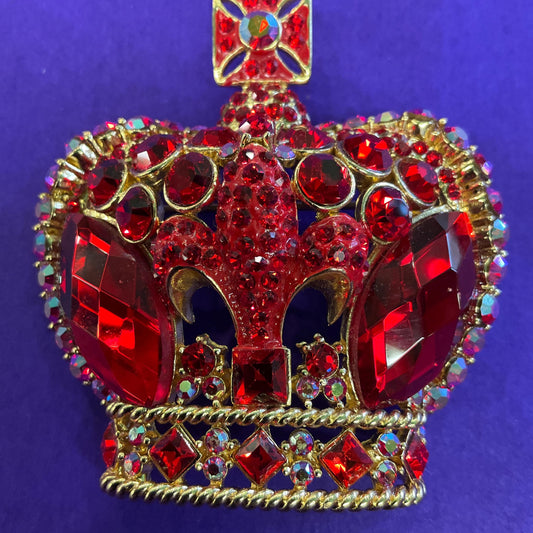Vintage Butler and Wilson Regal Red Crystal Crown Statement Brooch, Gold tone with red crystals and Borealis rhinestones