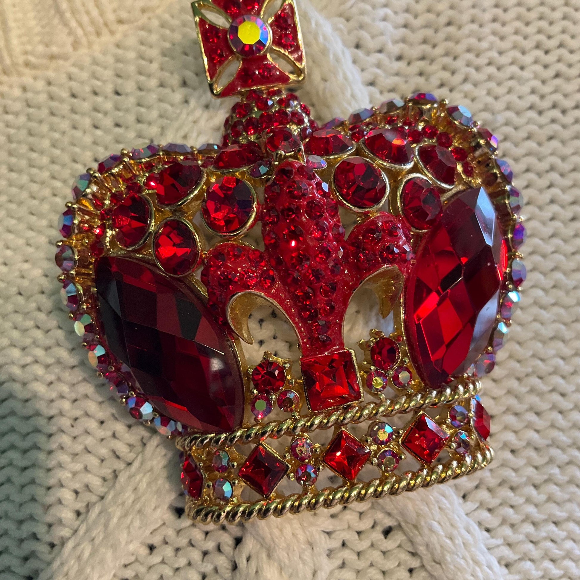 Vintage Butler and Wilson Regal Red Crystal Crown Statement Brooch, Gold tone with red crystals and Borealis rhinestones