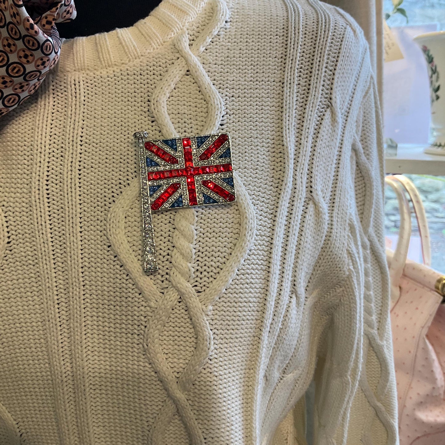 Vintage Butler and Wilson Large Union Jack Flag Crystal Broch, Silver tone with red, blue and silver rhinestones