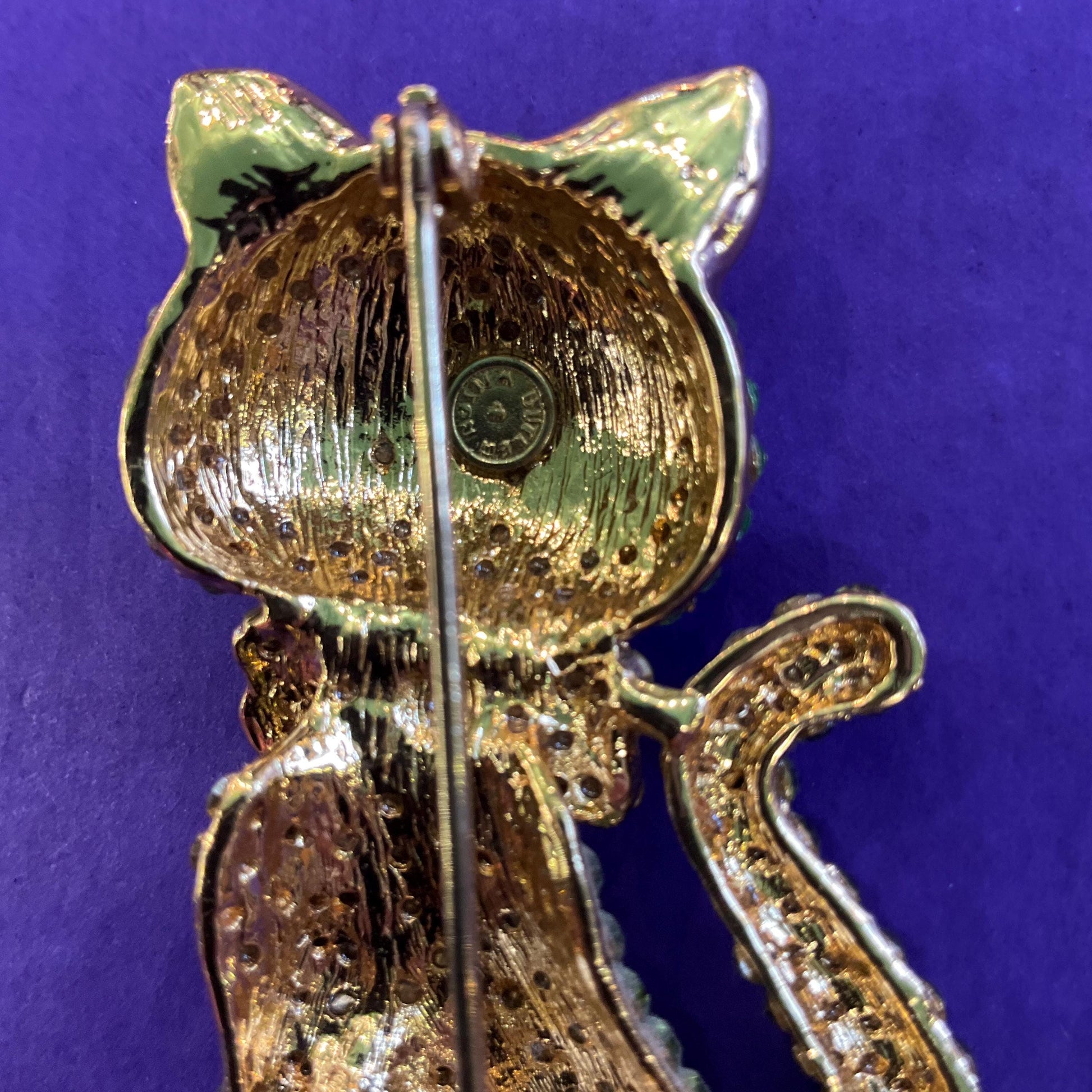 Vintage Butler and Wilson Large Green Crystal Cat Brooch, Gold Tone with Green ombré Rhinestones