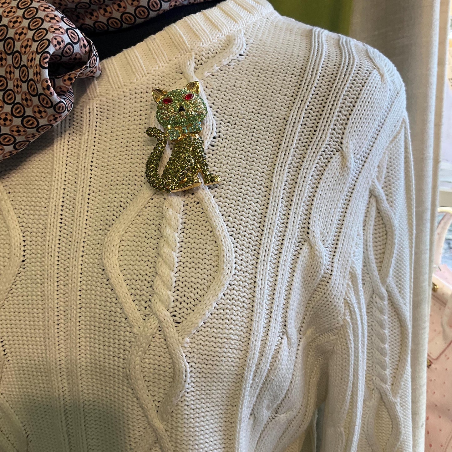 Vintage Butler and Wilson Large Green Crystal Cat Brooch, Gold Tone with Green ombré Rhinestones