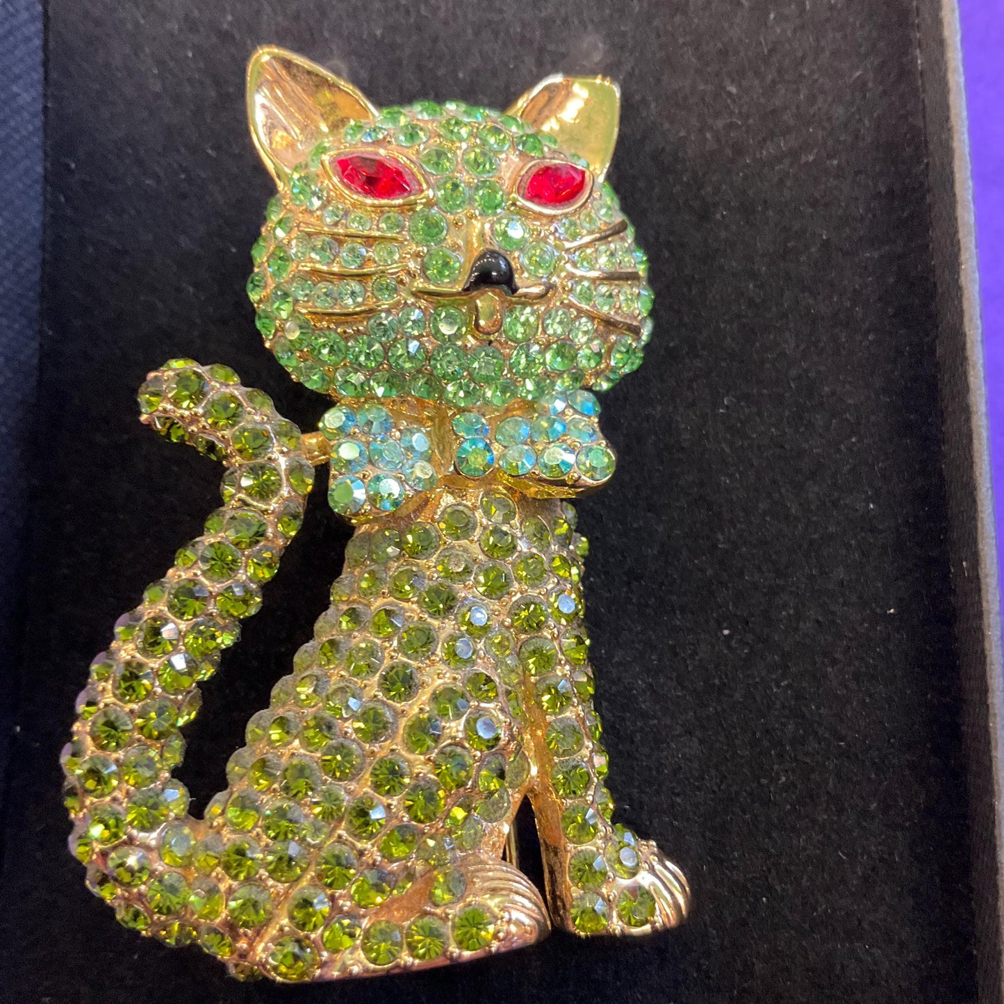 Vintage Butler and Wilson Large Green Crystal Cat Brooch, Gold Tone with Green ombré Rhinestones