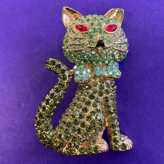 Vintage Butler and Wilson Large Green Crystal Cat Brooch, Gold Tone with Green ombré Rhinestones