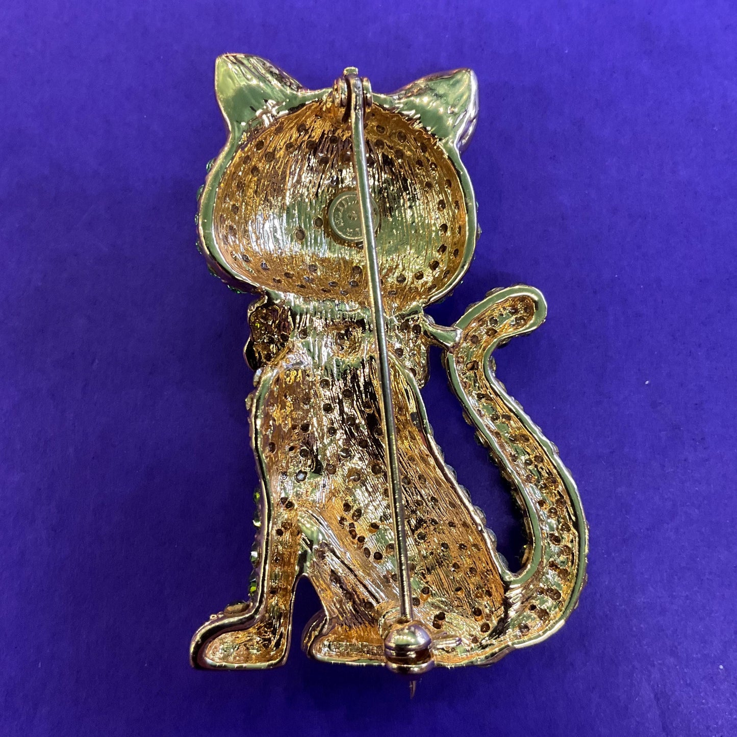 Vintage Butler and Wilson Large Green Crystal Cat Brooch, Gold Tone with Green ombré Rhinestones