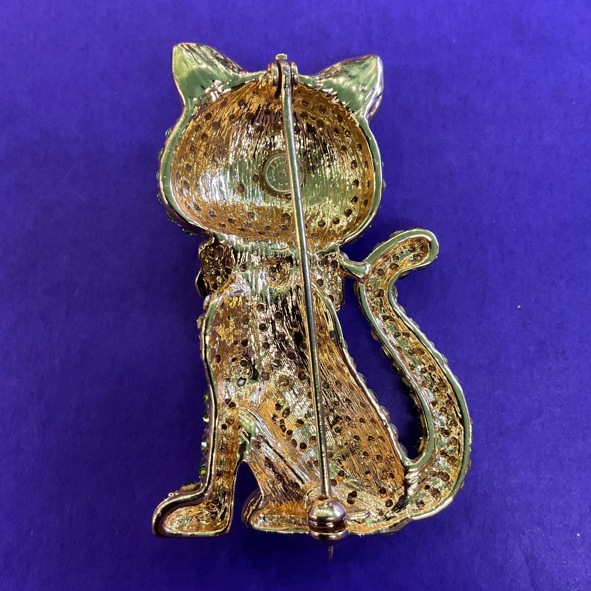 Vintage Butler and Wilson Large Green Crystal Cat Brooch, Gold Tone with Green ombré Rhinestones