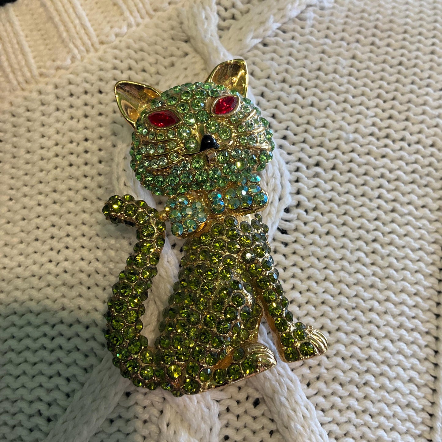 Vintage Butler and Wilson Large Green Crystal Cat Brooch, Gold Tone with Green ombré Rhinestones