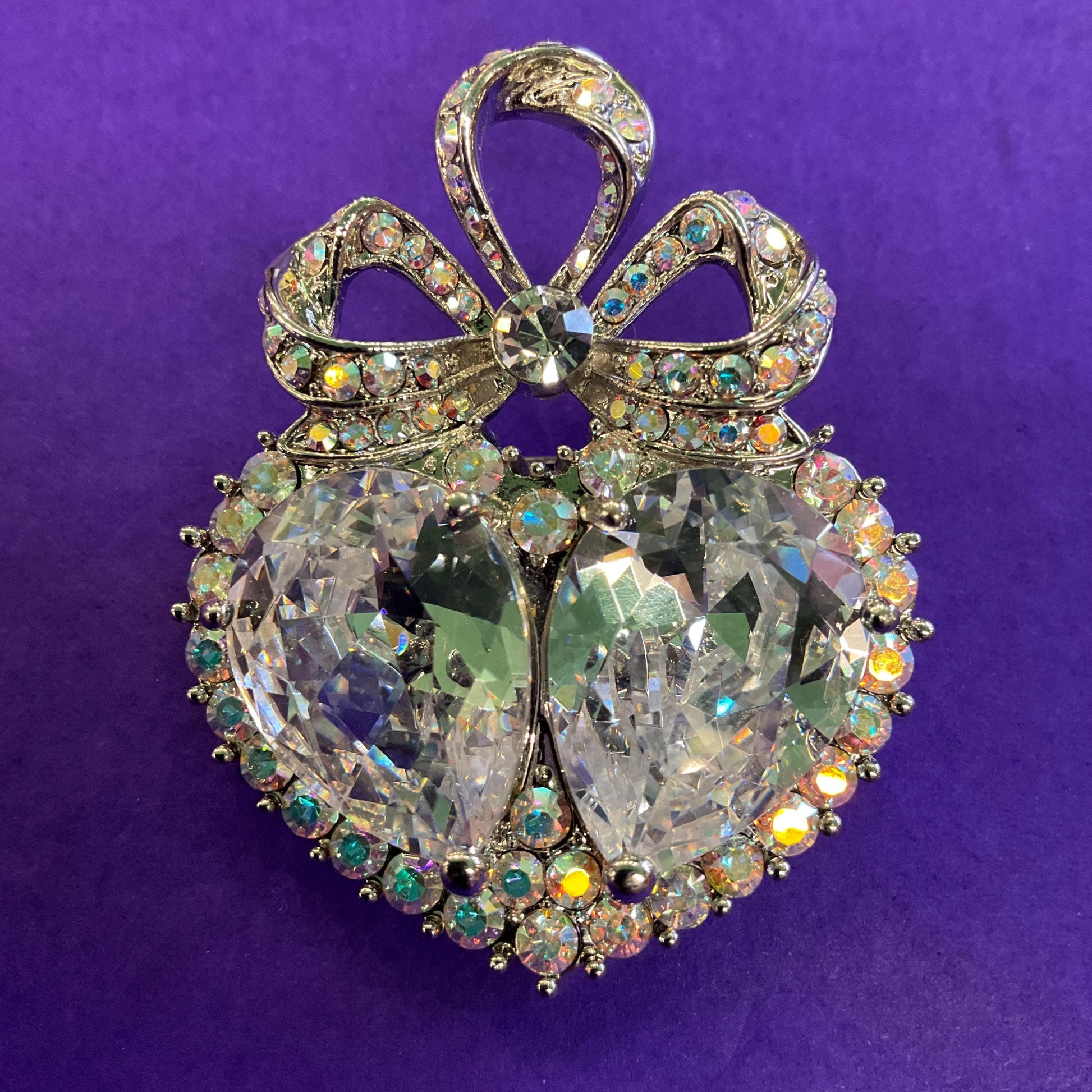 Vintage Butler and Wilson Large Crystal Heart and Bow Brooch , Silver tone with silver crystals and Aurora Borealis Rhinestones