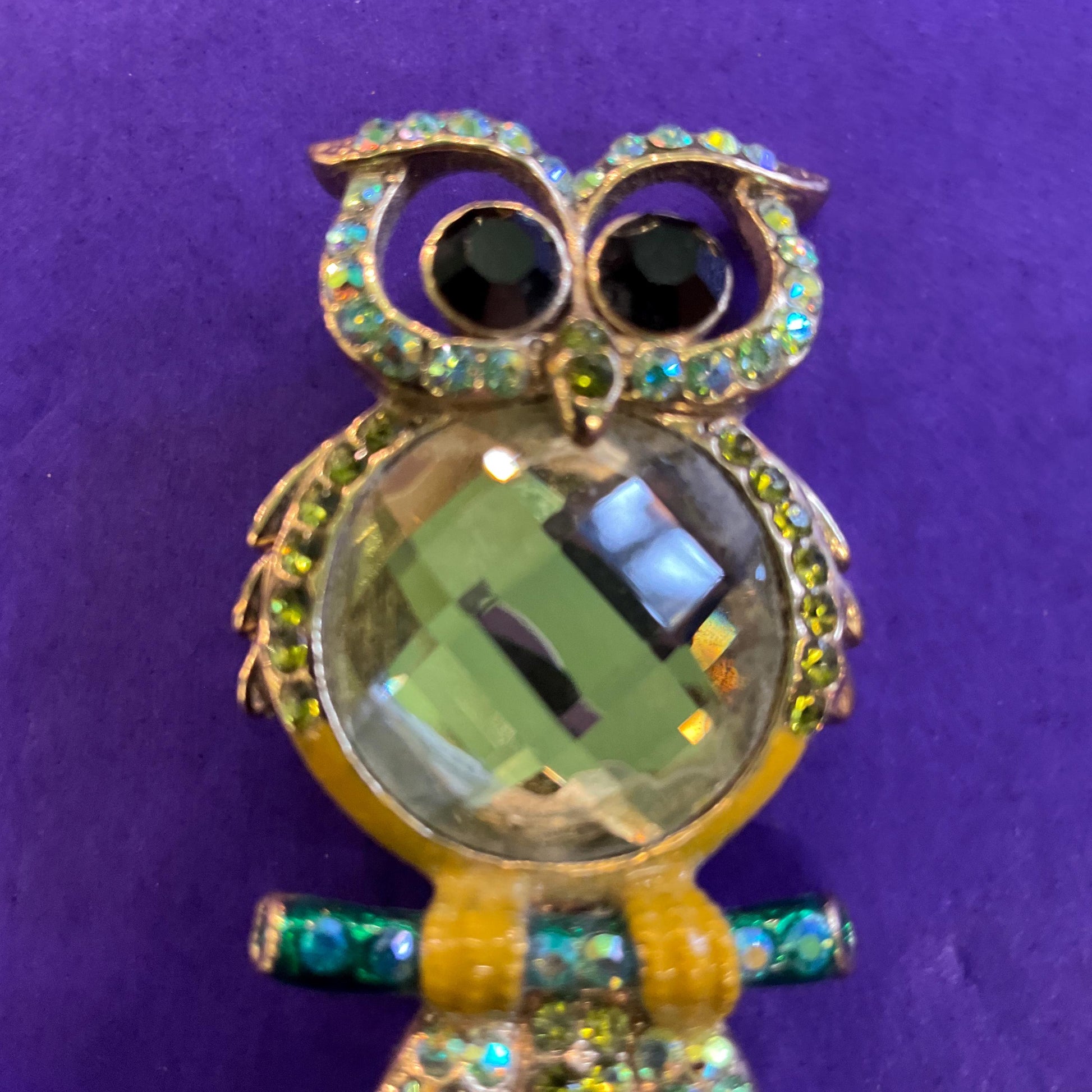 Vintage Butler and Wilson Crystal Owl Brooch, Gold Tone with Green Borealis Crystal and rhinestones