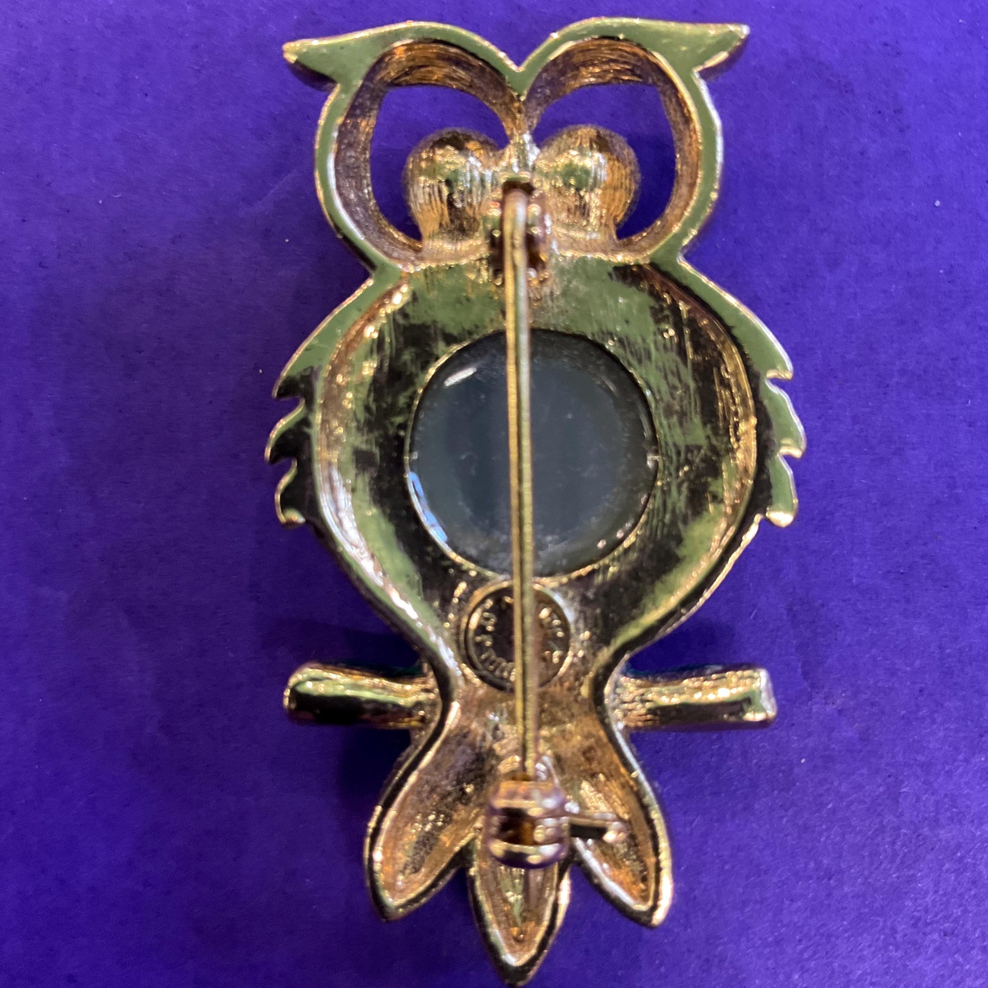 Vintage Butler and Wilson Crystal Owl Brooch, Gold Tone with Green Borealis Crystal and rhinestones