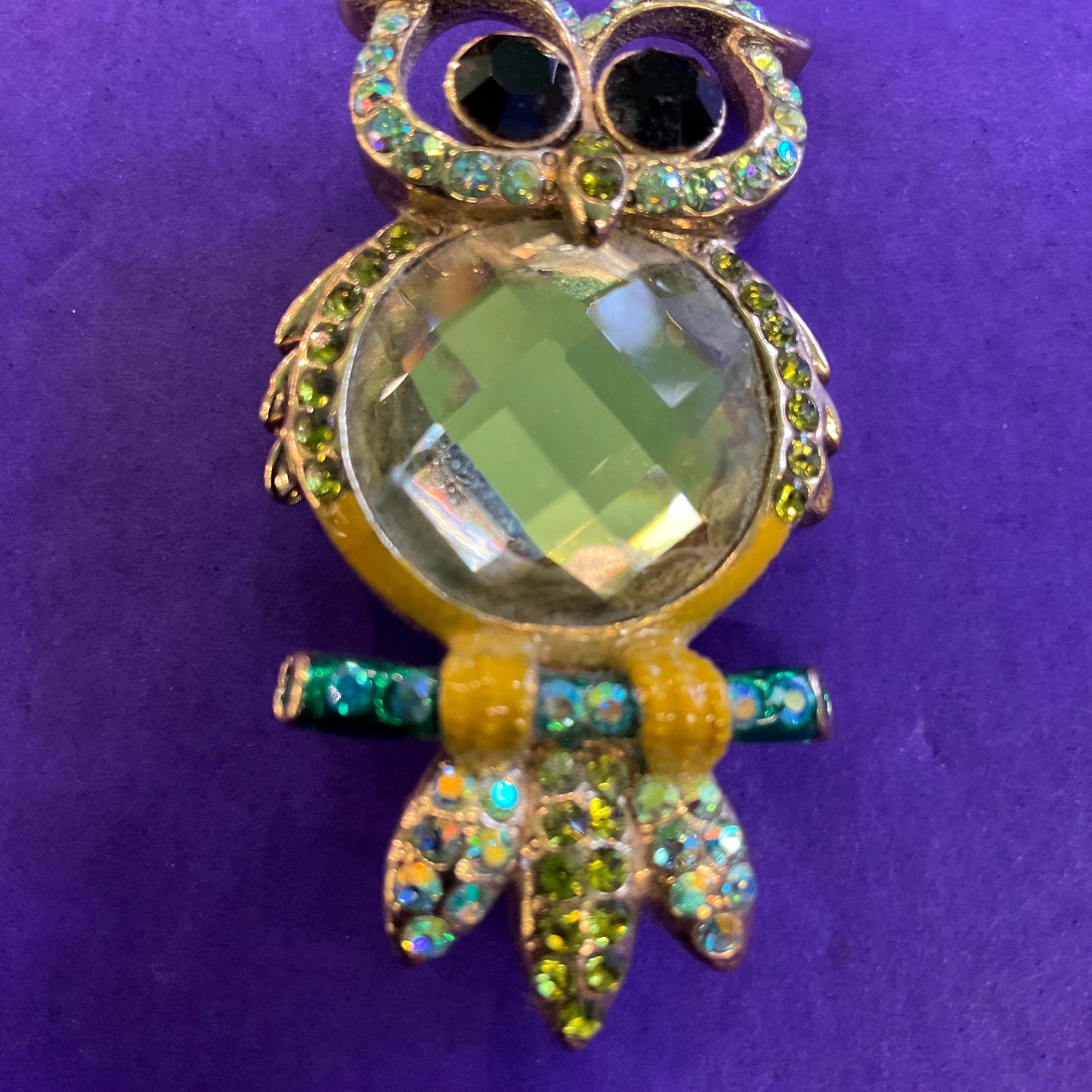 Vintage Butler and Wilson Crystal Owl Brooch, Gold Tone with Green Borealis Crystal and rhinestones