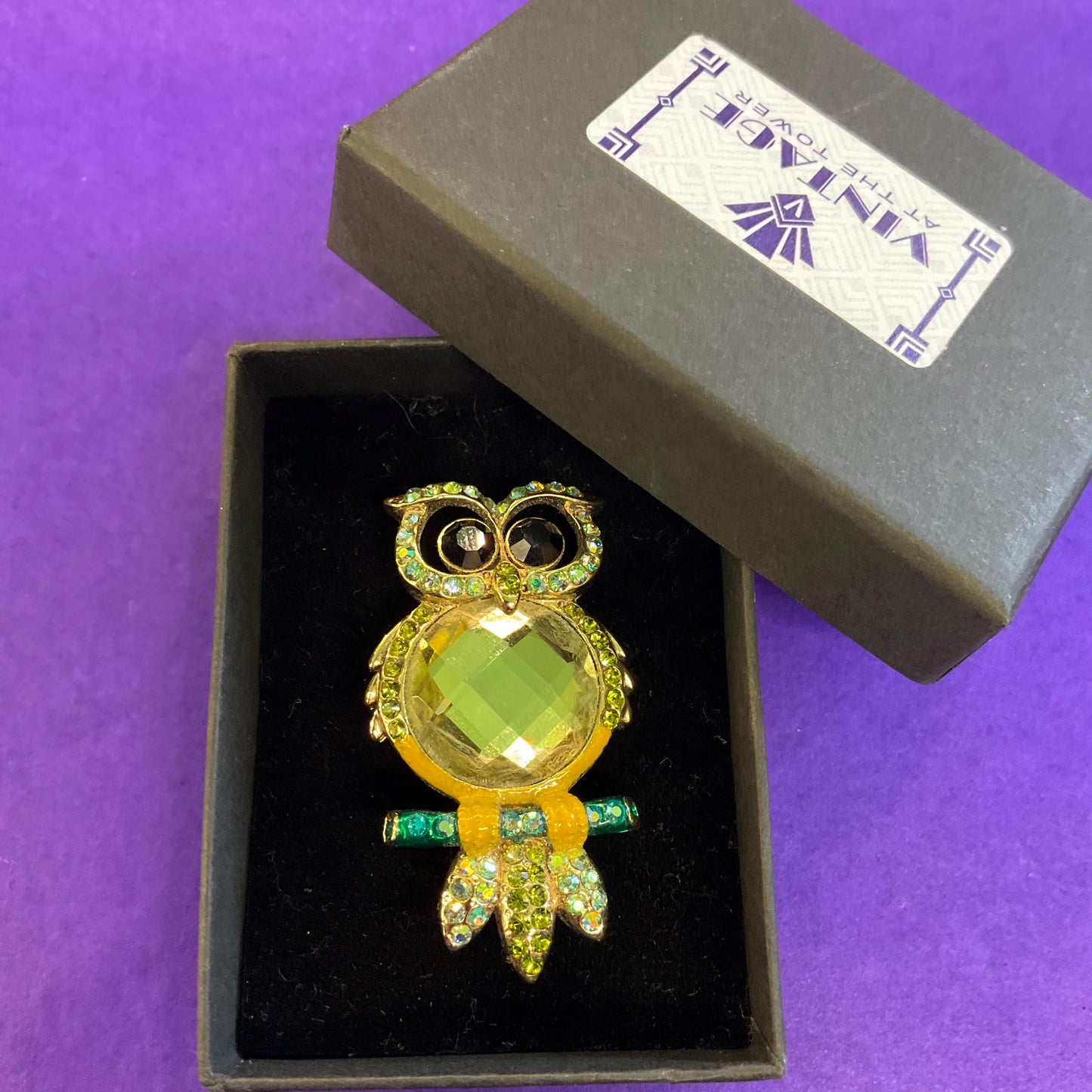 Vintage Butler and Wilson Crystal Owl Brooch, Gold Tone with Green Borealis Crystal and rhinestones