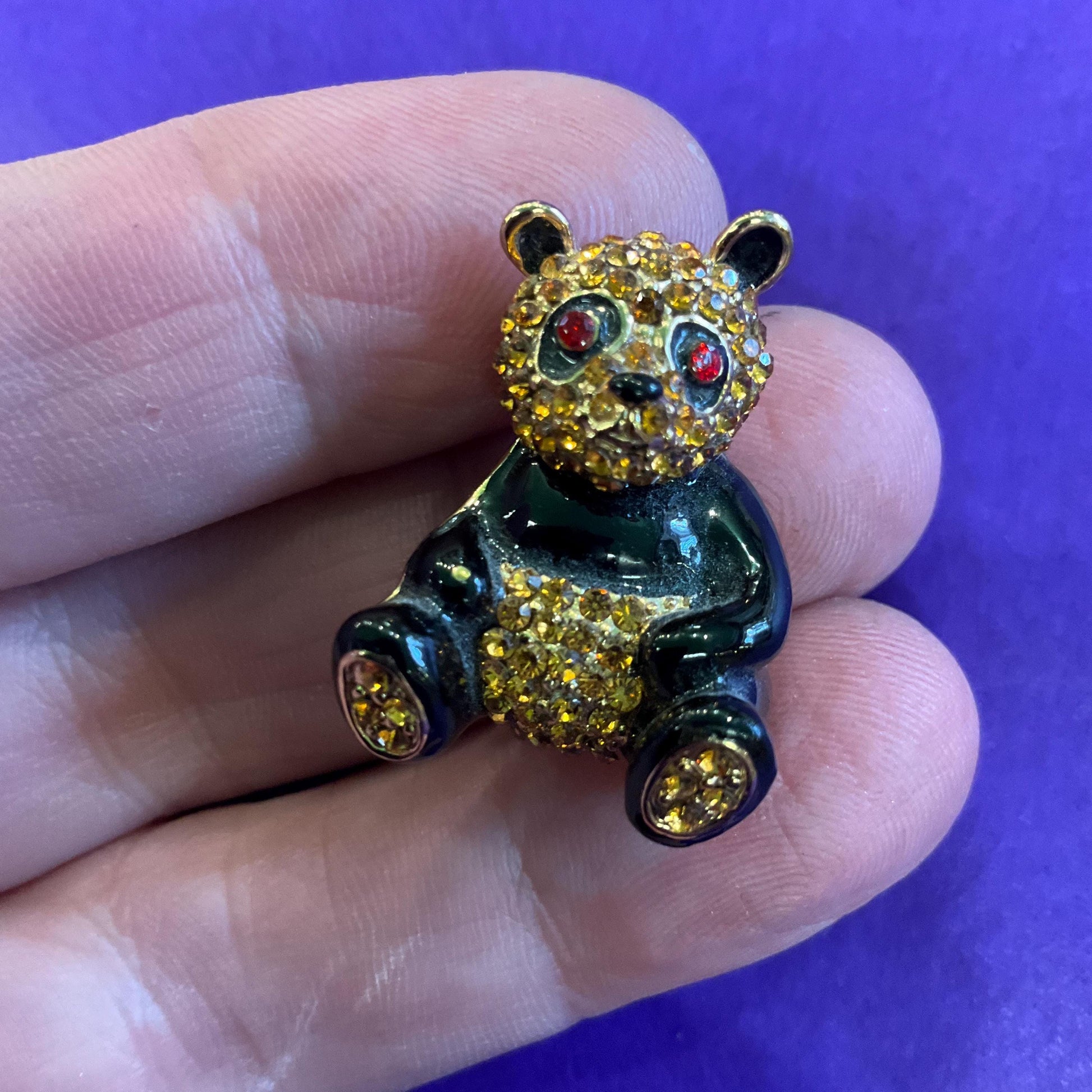 Vintage Butler and Wilson Petite Panda Crystal Brooch, Gold Tone with Black Enamel and dark gold rhinestones