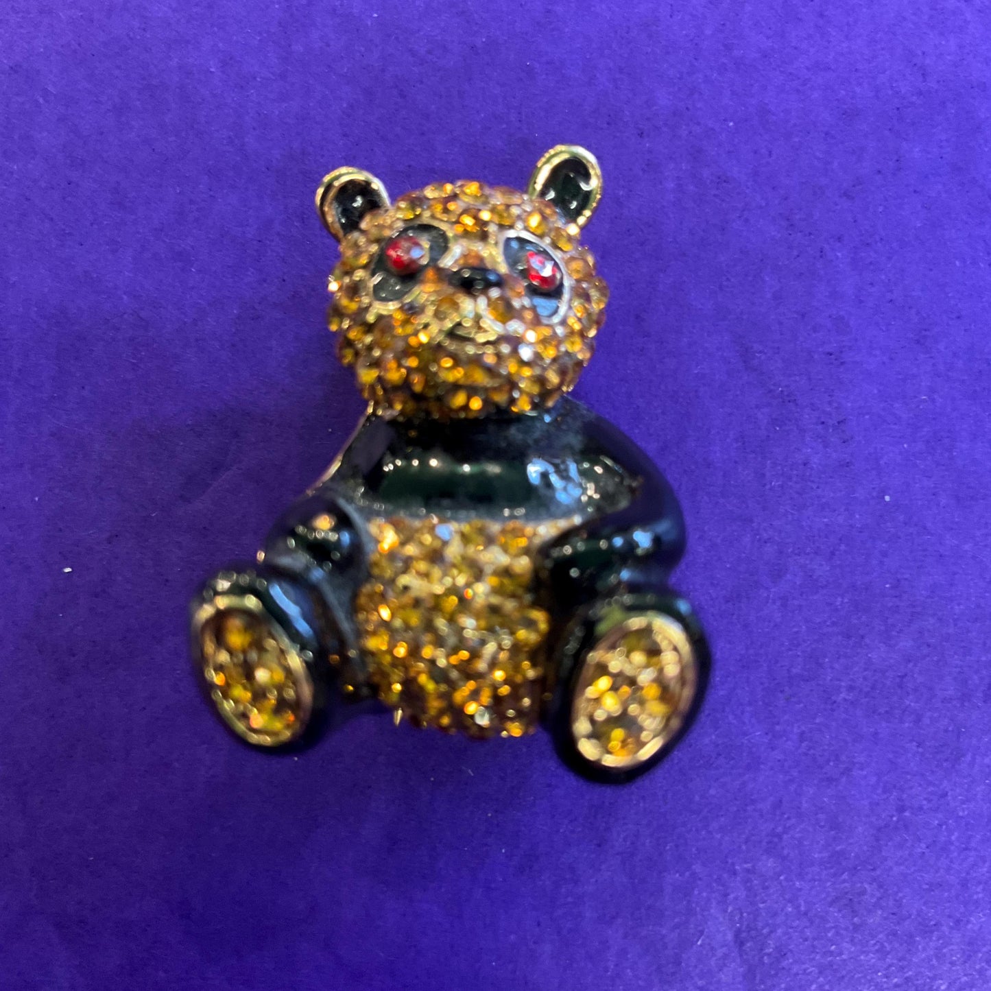 Vintage Butler and Wilson Petite Panda Crystal Brooch, Gold Tone with Black Enamel and dark gold rhinestones