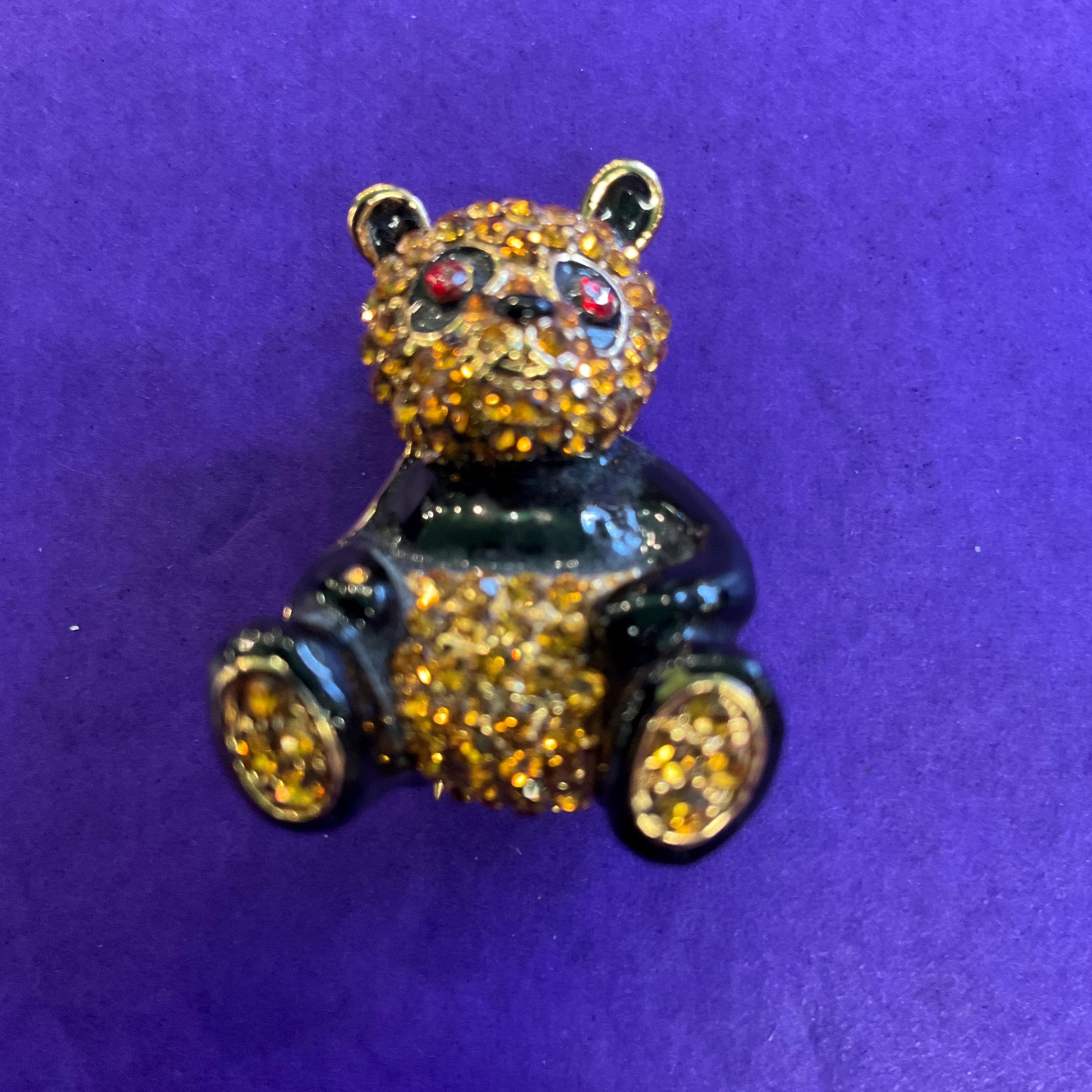 Vintage Butler and Wilson Petite Panda Crystal Brooch, Gold Tone with Black Enamel and dark gold rhinestones