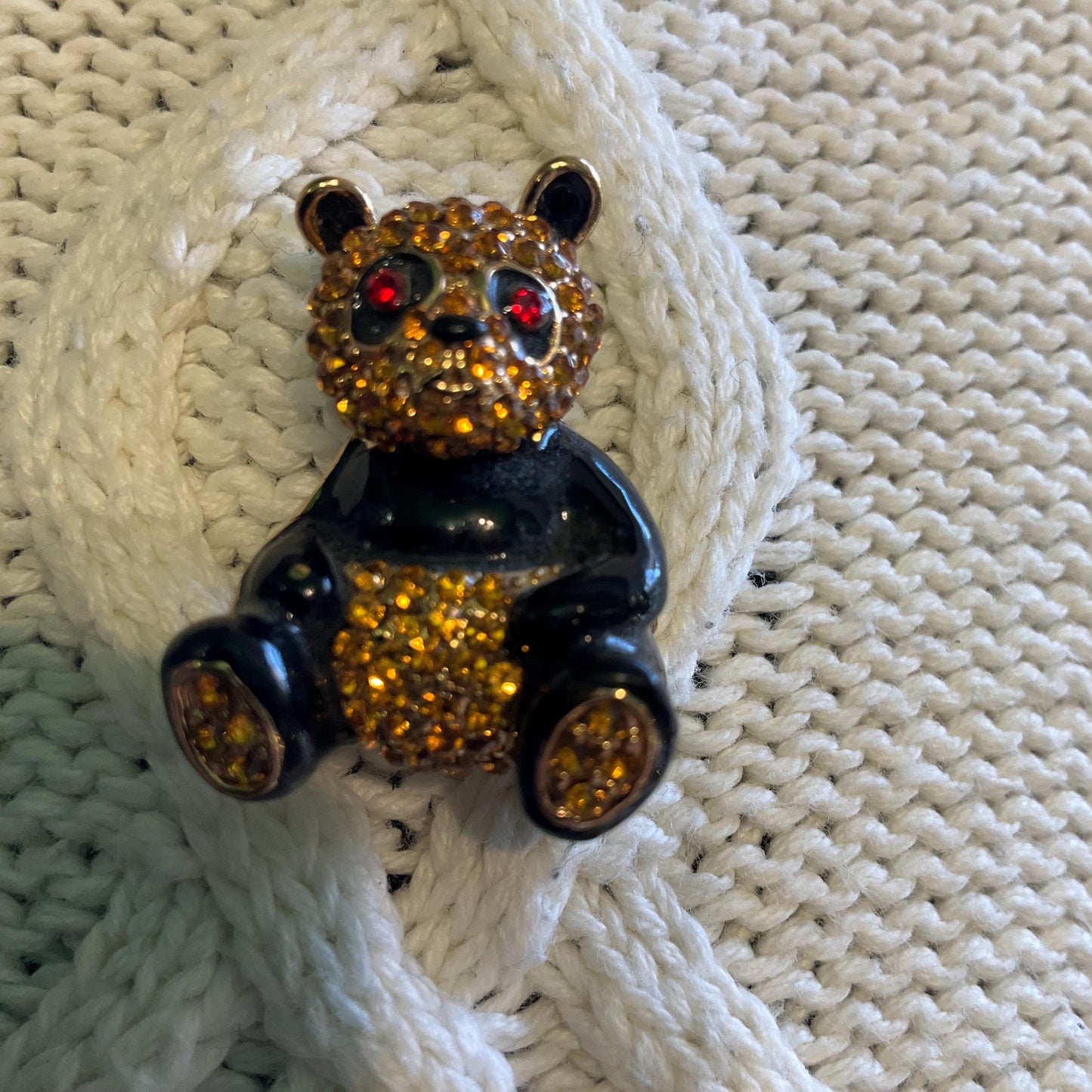 Vintage Butler and Wilson Petite Panda Crystal Brooch, Gold Tone with Black Enamel and dark gold rhinestones