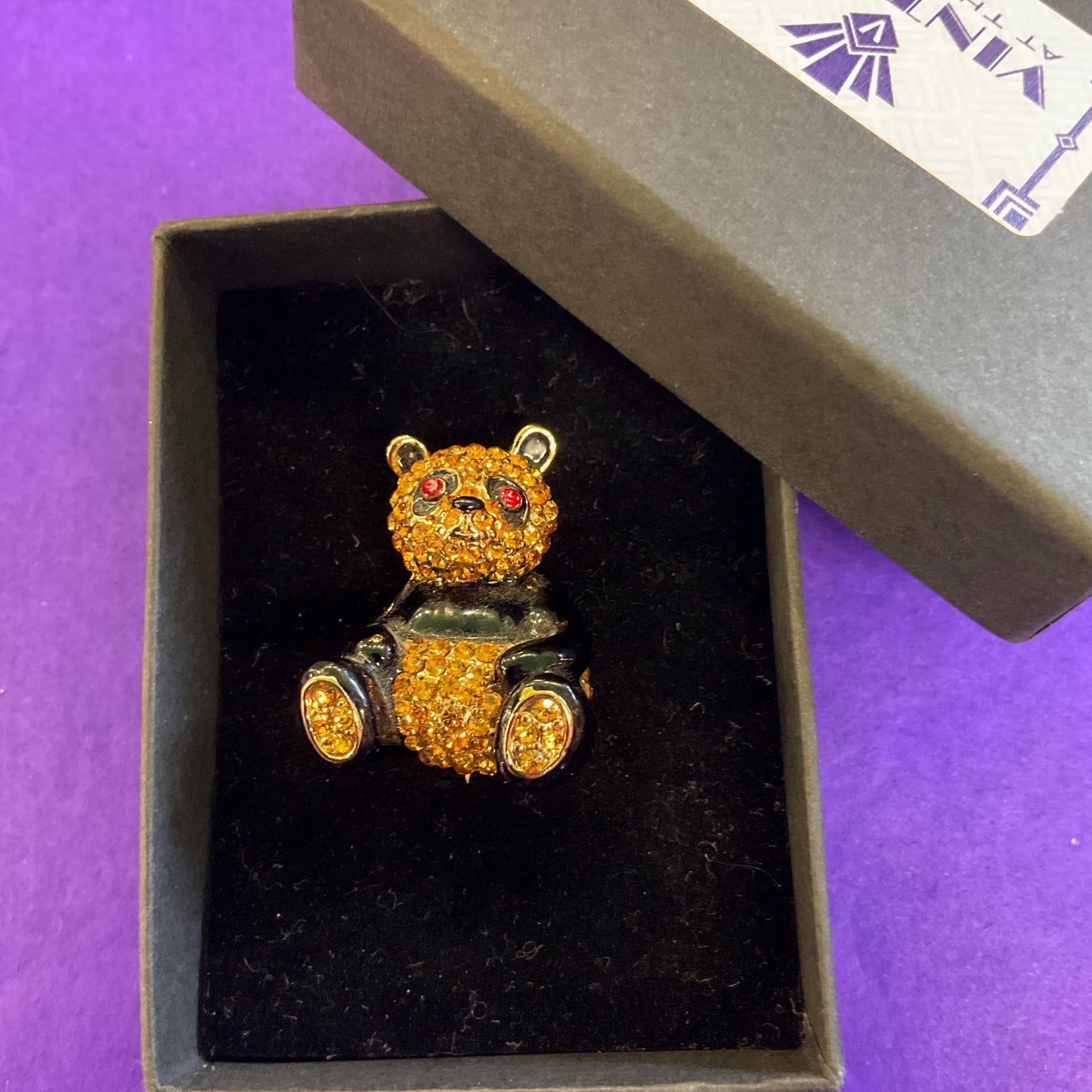 Vintage Butler and Wilson Petite Panda Crystal Brooch, Gold Tone with Black Enamel and dark gold rhinestones