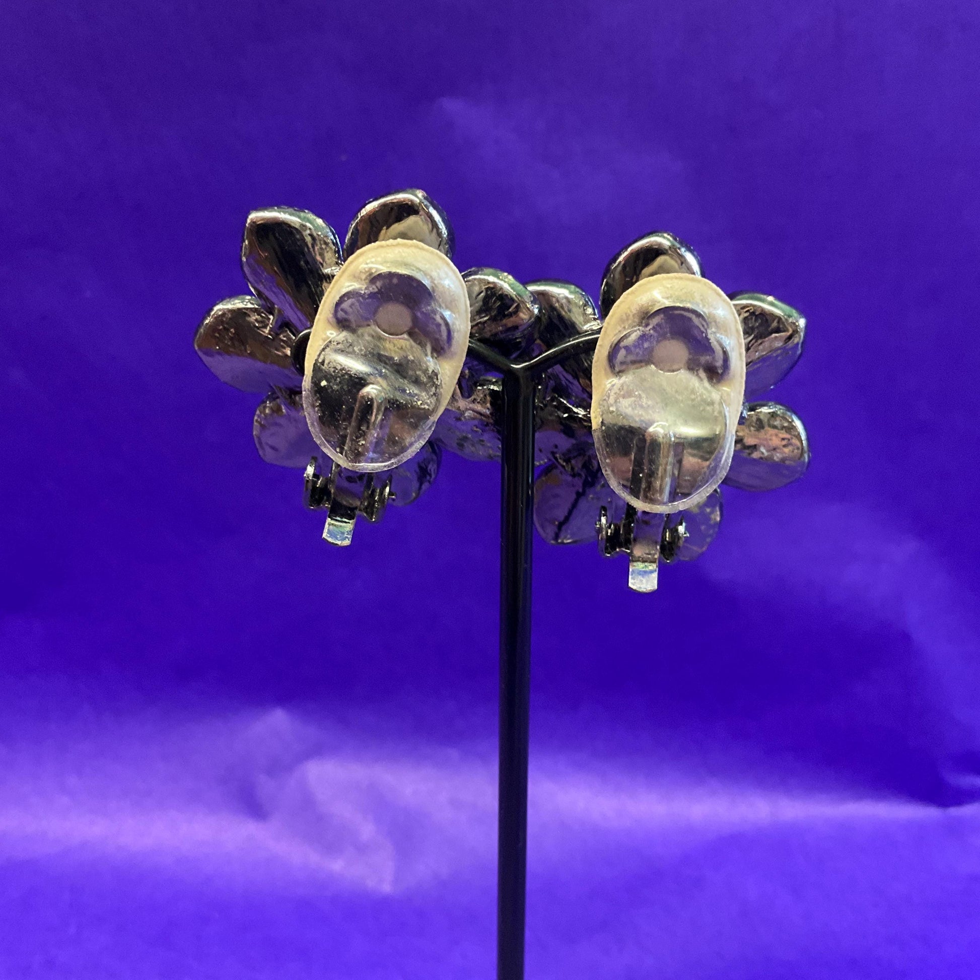 Vintage Butler and Wilson Pewter Tone Large Daisy Crystal Clip on Earrings, Signed as new